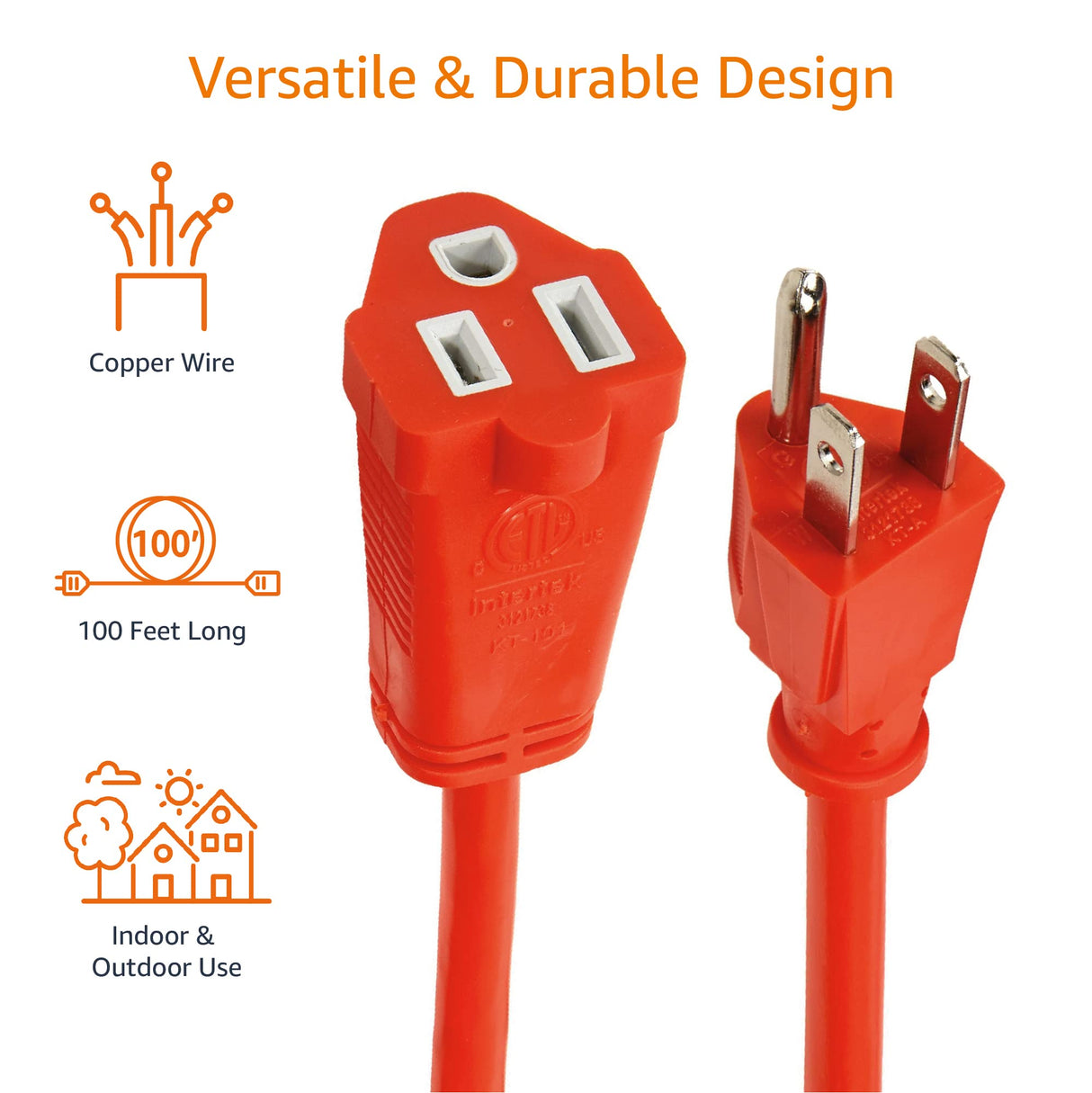 Amazon Basics 100 foot 3-Prong Vinyl Indoor/Outdoor Extension Cord - 10 Amps, 1250 Watts, 125 VAC - Orange