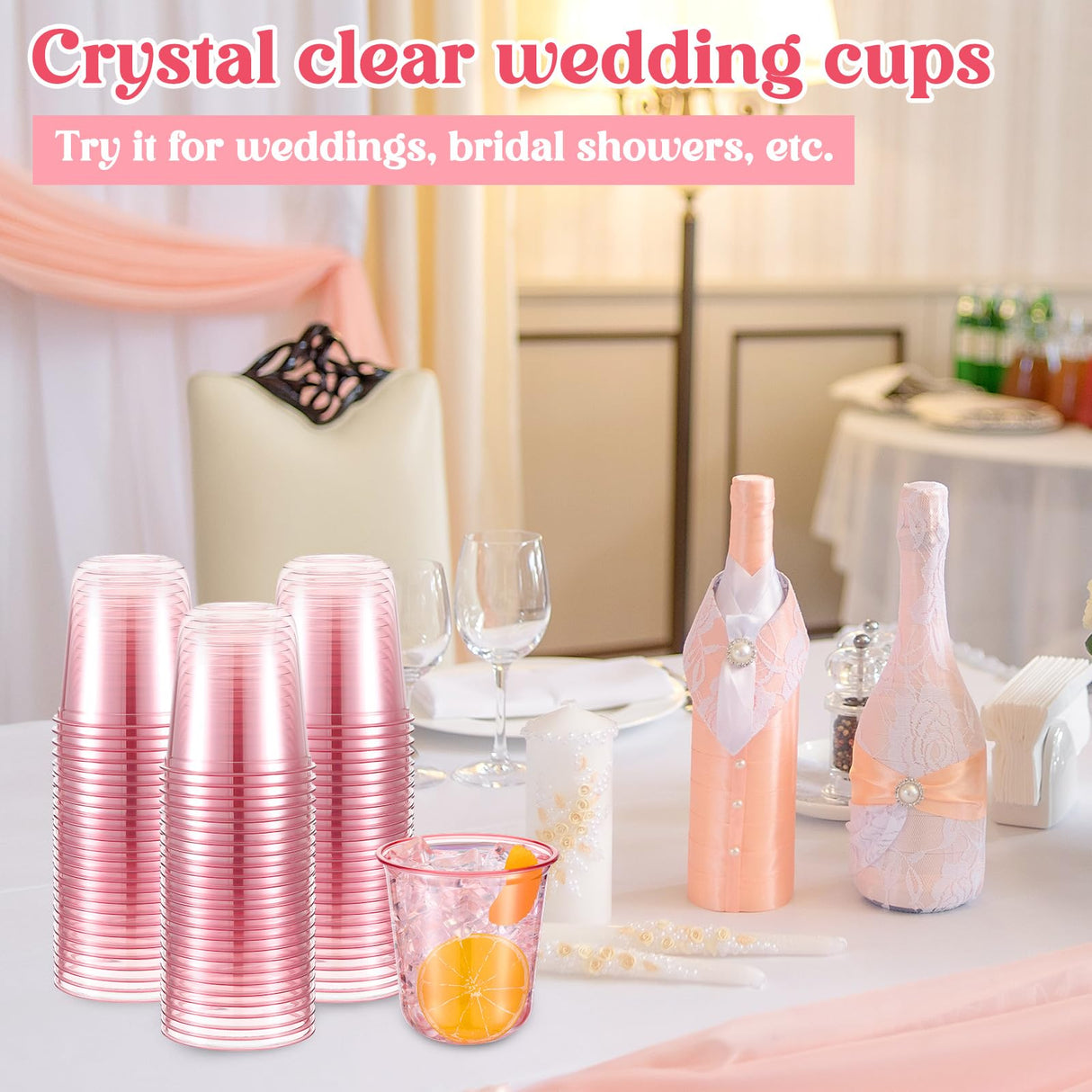 Ziliny 50 Pcs Disposable Stemless Glasses 12oz Crystal Plastic Wine Glasses Clear Classic Pet Cup for Meeting Weddings Birthdays Cocktail Christmas Party Supplies (Pink)