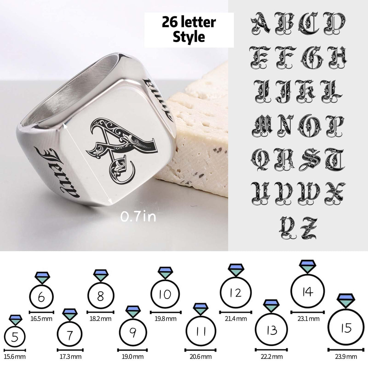 MOTICIUS Personalized Signet Rings for Men Women Engraved Ring Custom Initial Ring Mens Rings Customized Memorial Gifts for Father Husband Boyfriend Teacher (Square Silver)