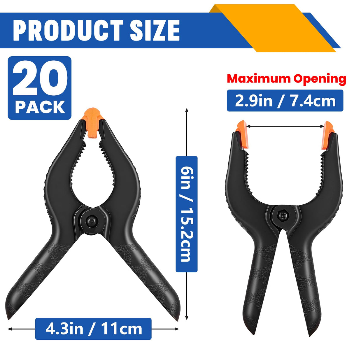 20 Pack 6 inch Plastic Spring Clamps, Black Heavy Duty Clips, Backdrop Clips, Plastic Clamps for Crafts, Backdrop Stand, Woodworking, Photography