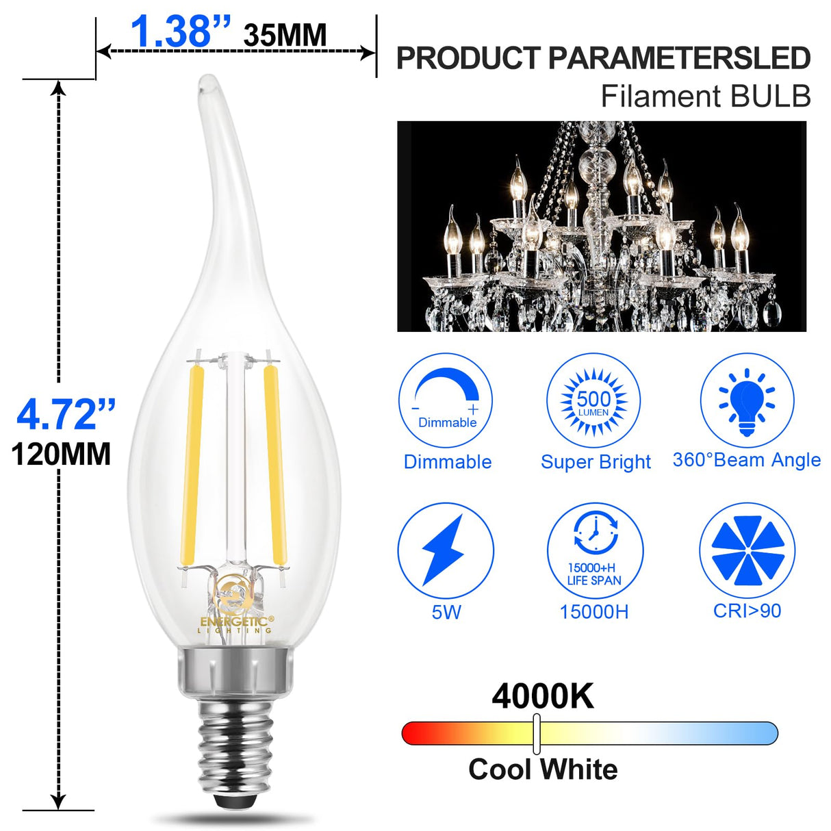 Energetic 12 Pack Dimmable Candelabra Led Light Bulb, CA11 Shape,Flame Tip Style, 60 Watt Equivalent, 4000K Cool White, E12 Base, Led Candelabra Bulb,CRI 90+, Halloween Christmas Decoration
