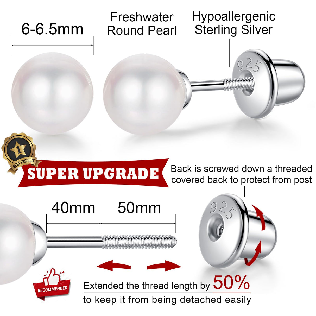 Freshwater Pearl Earrings with Screw Back for Women Silver Stud (Pearl-6mm)