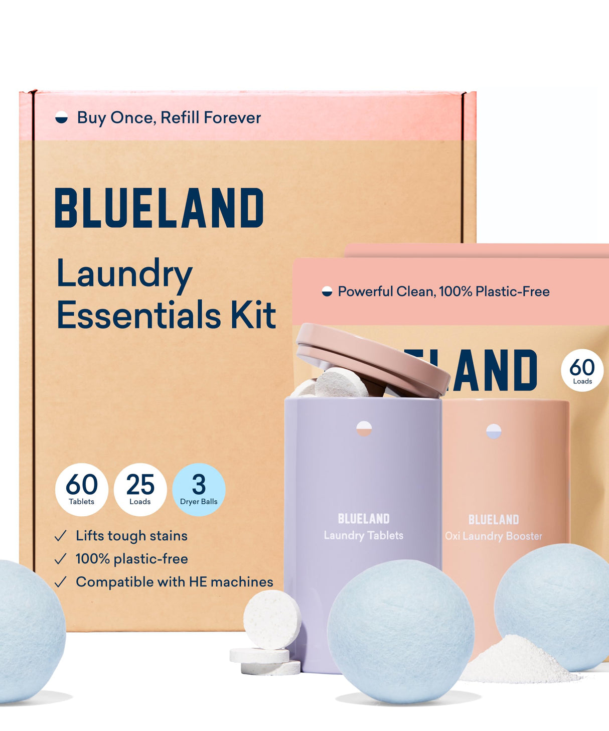 BLUELAND Laundry Essentials Kit, Plastic-Free Laundry Detergent Tablets, Oxi Booster, and Reuseable Natural Wool Dryer Balls, Fragrance Free and Clear