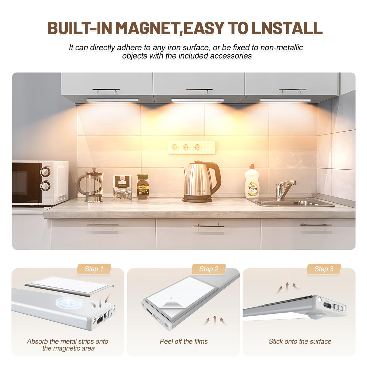6 Pack Under Cabinet Lighting Wireless, 40 LED Rechargeable Battery Motion Sensor Light Indoor, Stick On Magnetic Closet Lights, Under Counter Lights for Kitchen, Stairs, Warm 10 in