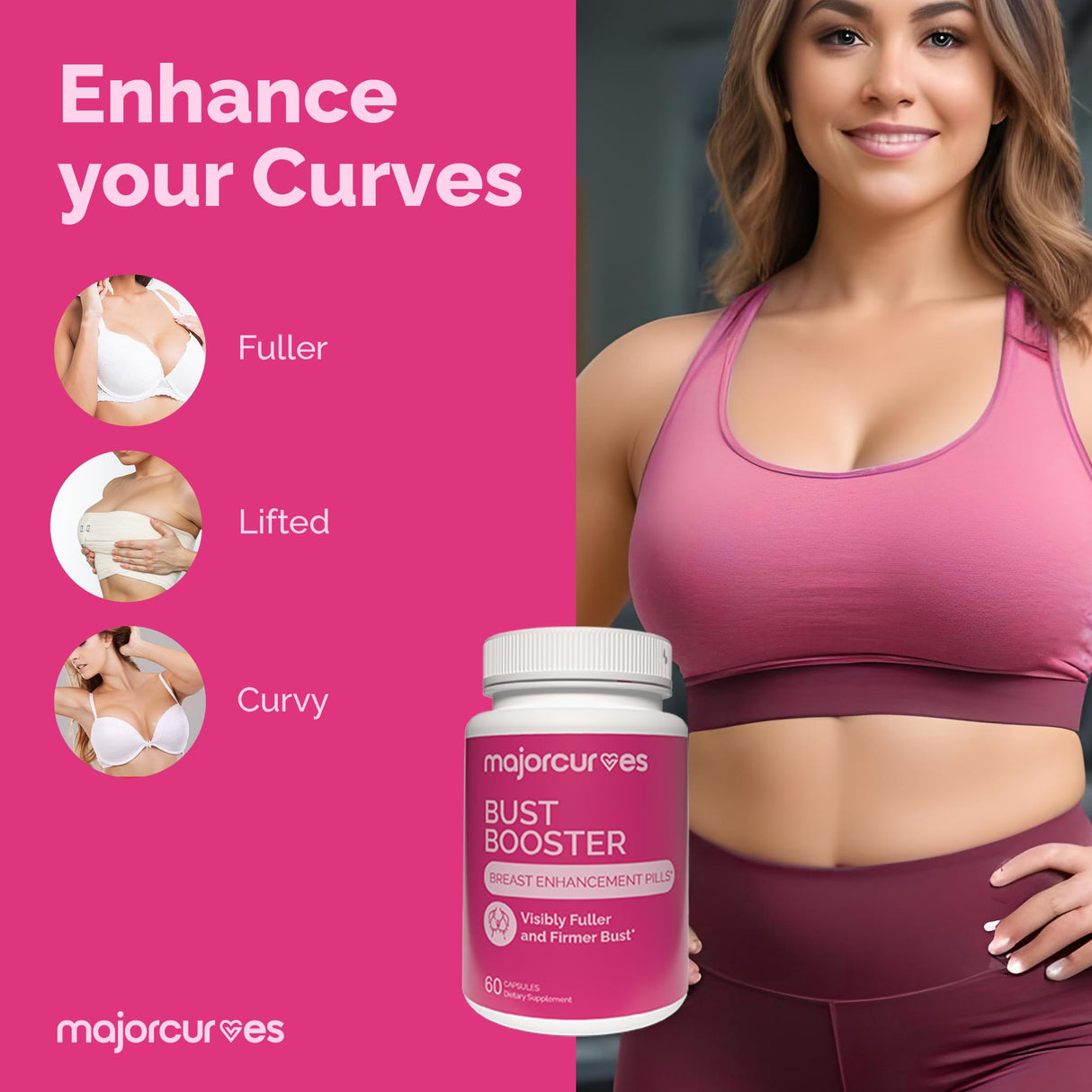 Major Curves Bust Booster Breast Enhancement Pills – Natural Supplement for Breast Growth, Firmness, Fuller Shape, Curvier Bust, Rounder Cleavage, Volume Boost – Made in USA