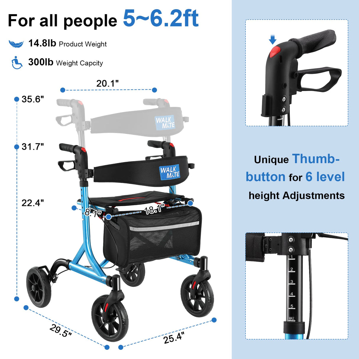 WALK MATE Rollator Walker for Seniors with Cup Holder, Upgraded Thumb Press Button for Height Adjustment, 4 x 8 Wheels Walker with Seat Padded Backrest Folding Lightweight Walking Aid, Blue