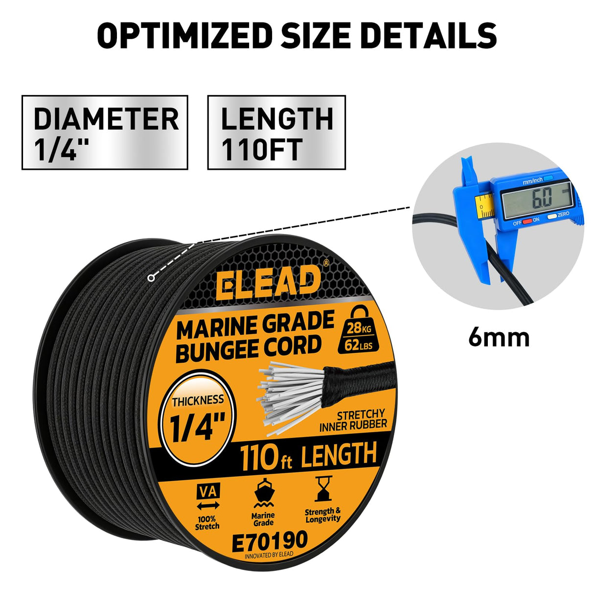 Heavy Duty Bungee Cord Roll, 1/4" x 110ft Marine Grade Outdoor Bungee Cords, Black Super Elastic Shock Cords, Long Cord for Cargo, Camping, Bike Racks, Tents