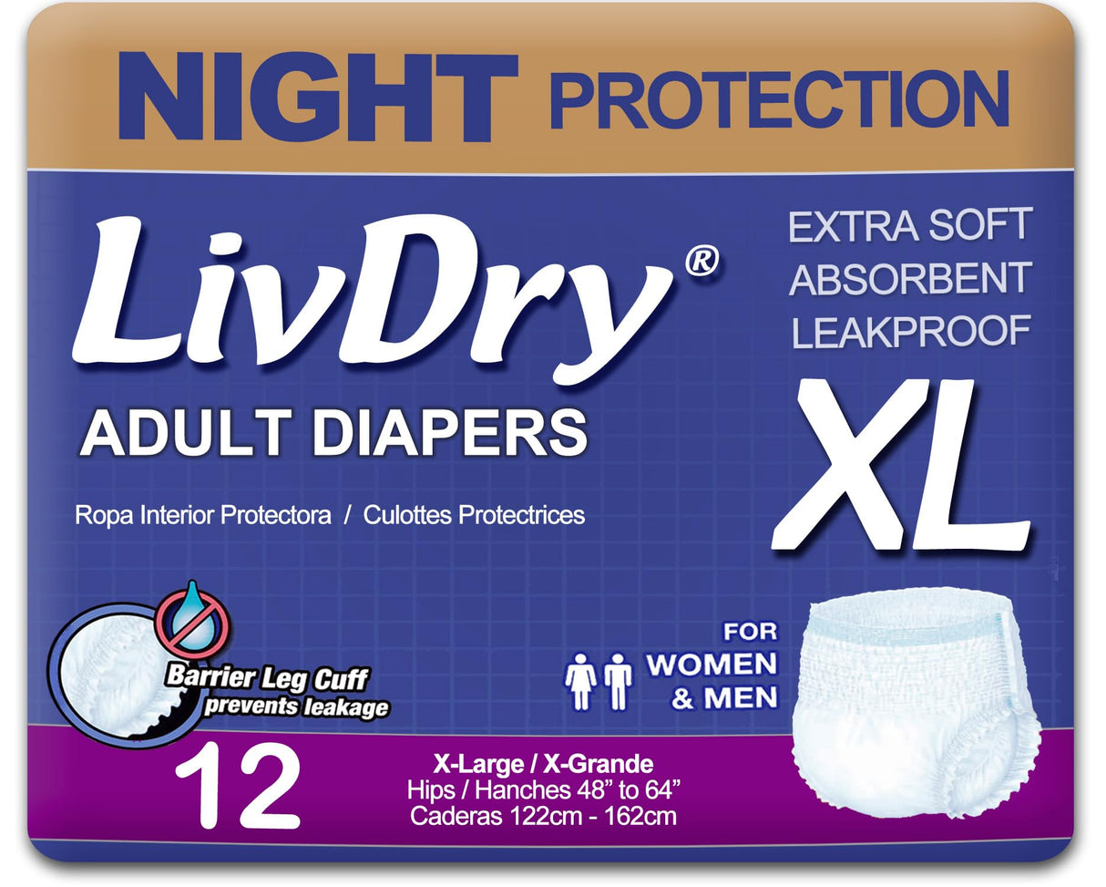 LivDry XL Overnight Adult Diapers for Women and Men, Incontinence Underwear, X-Large, 12-Pack