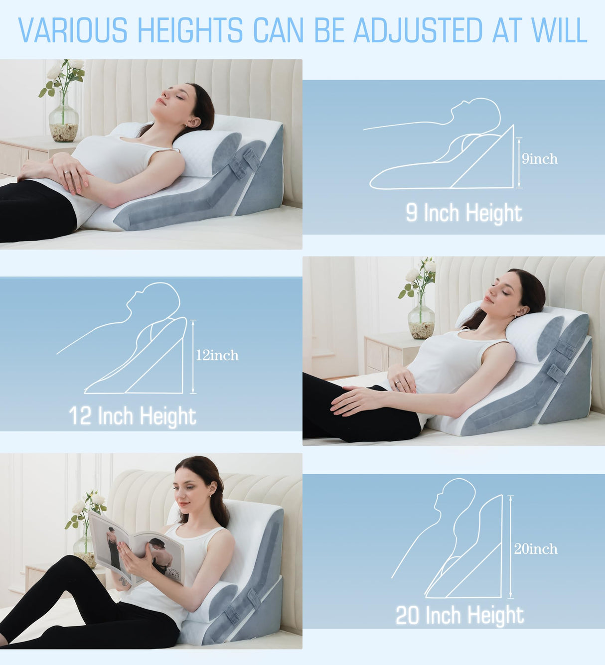 Foamalusion 3PCS Bed Wedge Pillow for Sleeping, 20-in-1 Adjustable Memory Foam Wedge Pillow for Back Leg Pain Relief, 23" Wide Wedge Pillow for After Surgery, Acid Reflux, Snoring, Back Pain