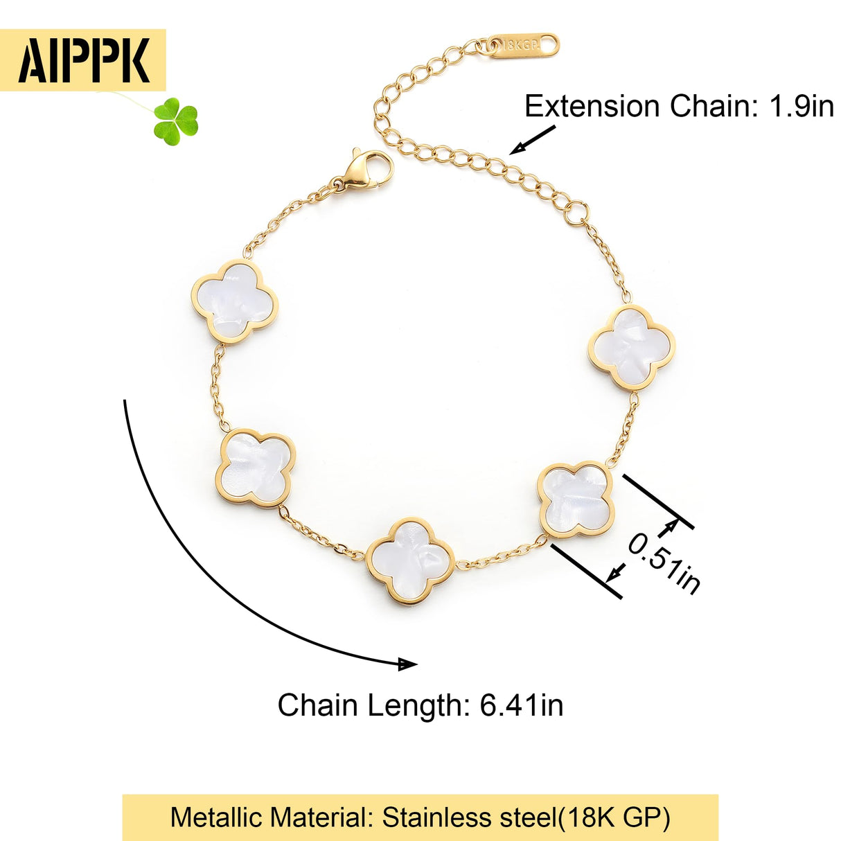 AIPPK 18K Gold Plated Clover Lucky Bracelet for Women White/Black/Red/Green Flower Four Leaf Link Bracelets Trendy Jewelry Gifts for Women (White+Black)
