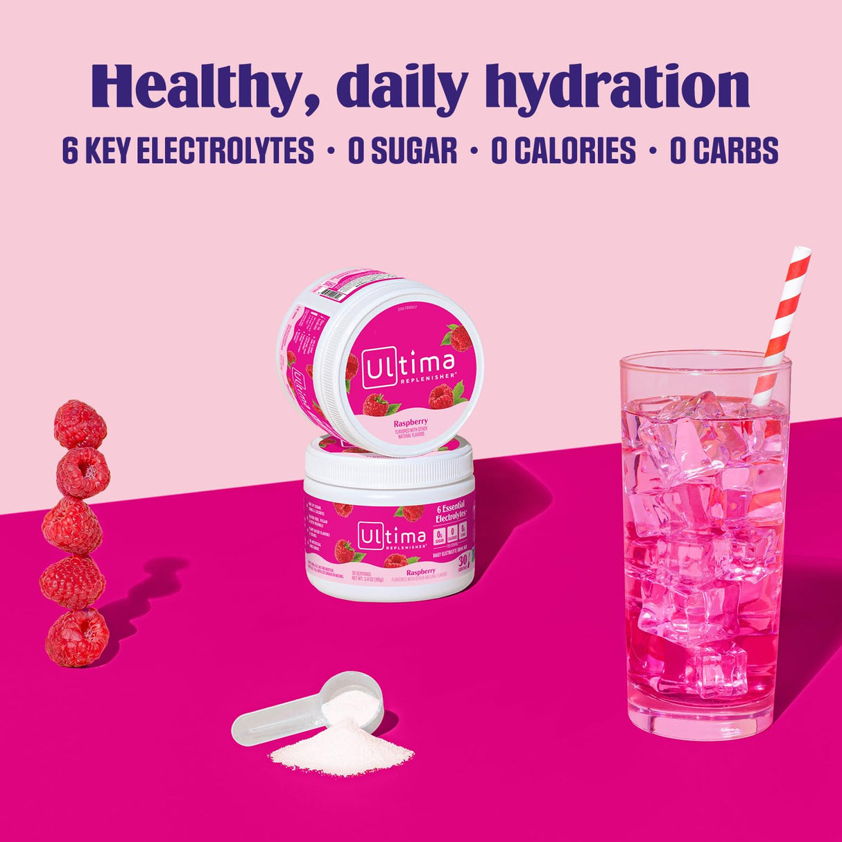 Ultima Replenisher Daily Electrolyte Powder Drink Mix – Sugar Free – Raspberry, 30 Servings – Hydration Powder with 6 Key Electrolytes and Trace Minerals – Keto Friendly, Vegan, Non-GMO