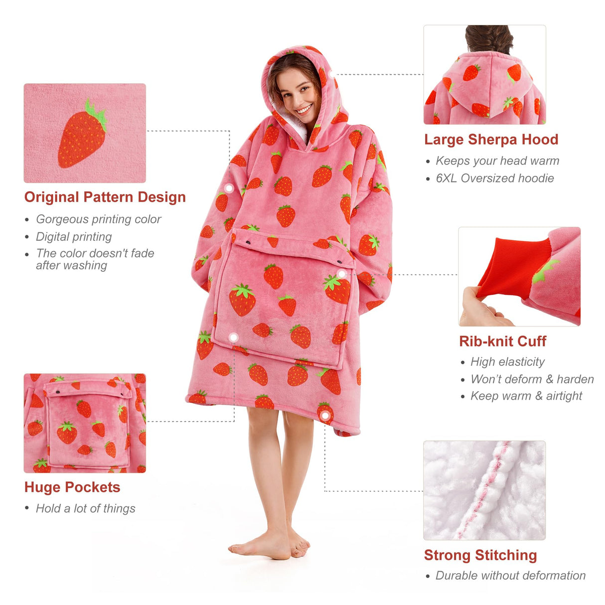 Narecte Oversized Blanket Hoodie Wearable Blanket Sweatshirt for Women Adults Soft Hooded Blanket Warm Oversized Hoodie Blanket Birthday Gifts for Women Christmas Gift for Friends Female Strawberry