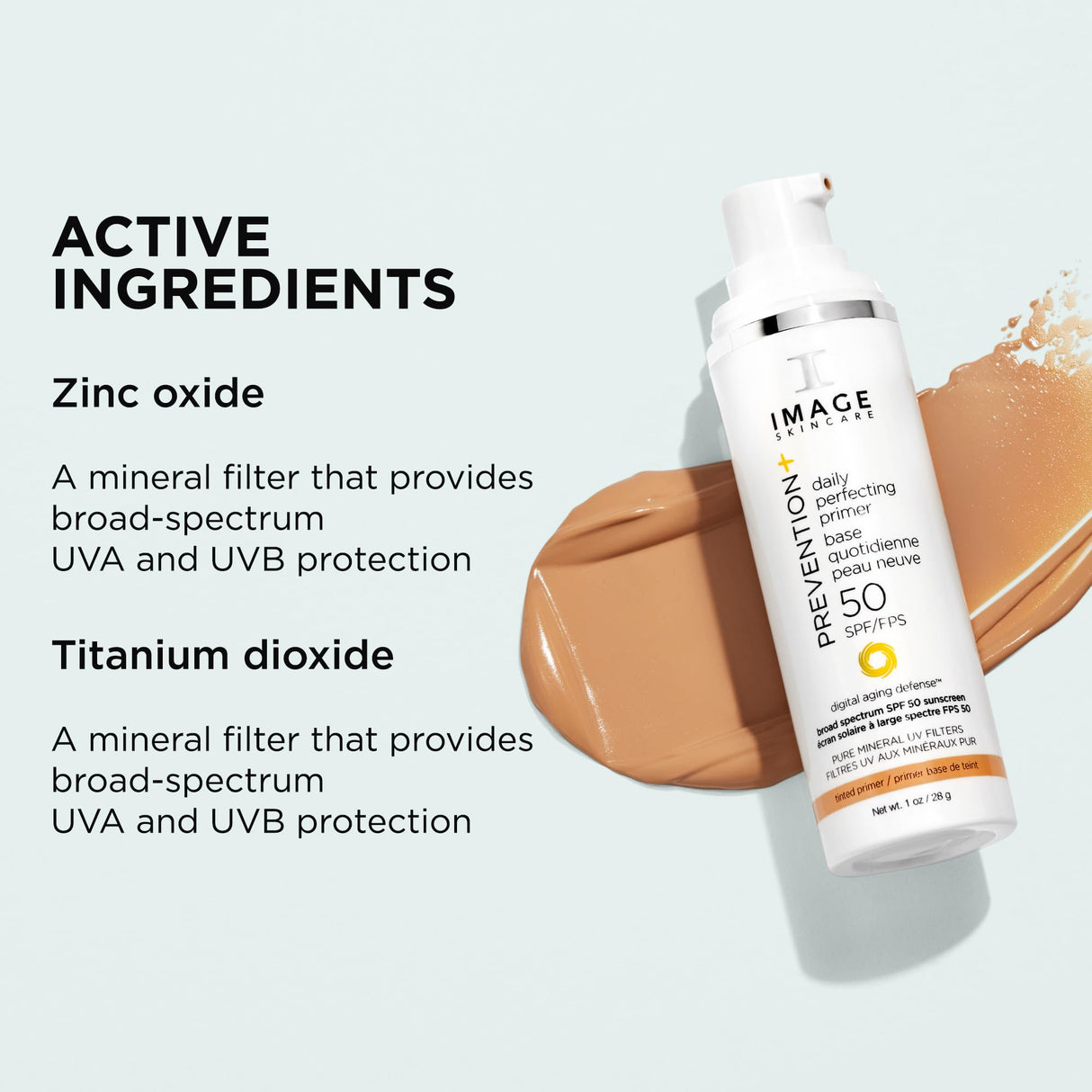 IMAGE Skincare, PREVENTION+ Daily Perfecting Primer SPF 50, Tinted Zinc Oxide Face Priming Sunscreen Lotion, Leaves No White Cast, 1 oz