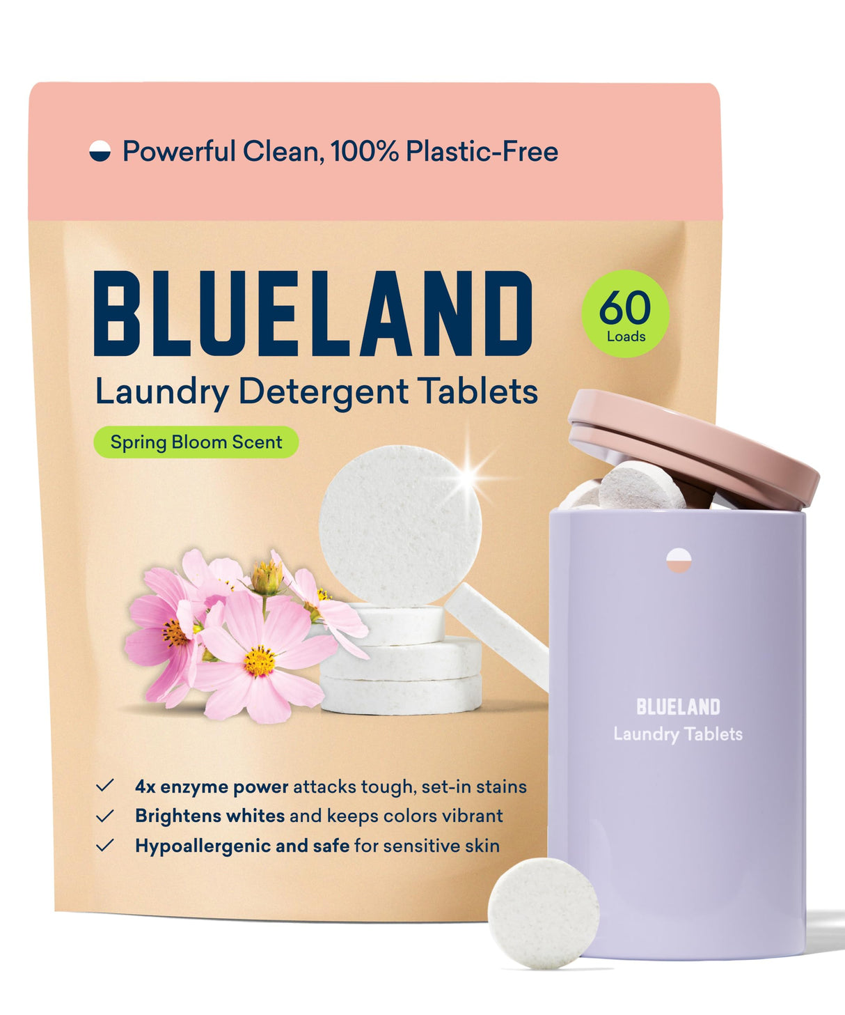 BLUELAND Laundry Detergent Tablets, Starter Set, 60 Count with Tin, Spring Bloom Scent, Plastic-Free Eco-Friendly Pods, Sheets, Liquid Alternative - Natural, Gentle, Non Toxic