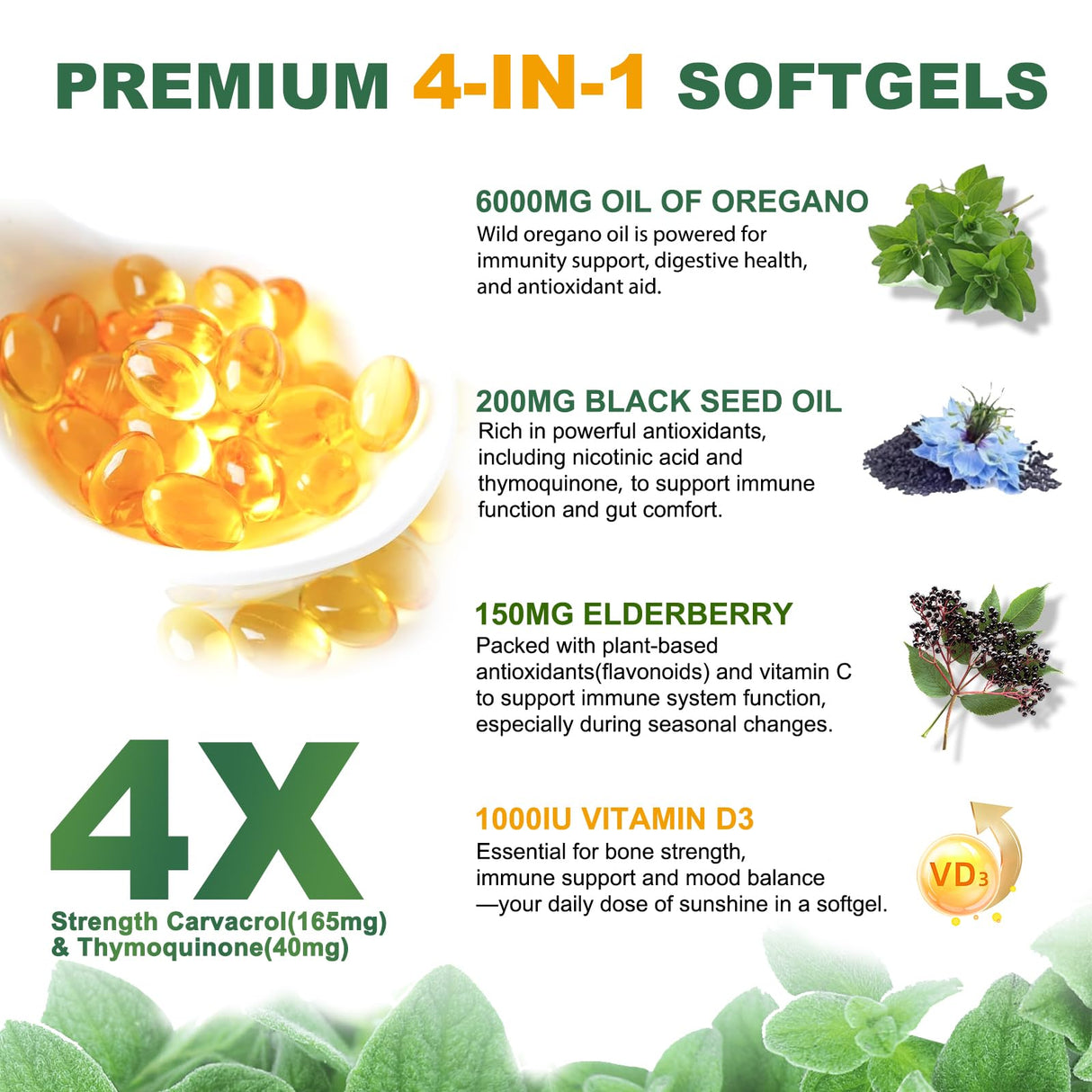 Oil of Oregano, 300 Softgel, 4-in-1 Oil of Oregano with Black Seed Oil, Vitamin D3 & Elderberry, Organic Oregano Oil Capsules, 4X Strength Carvacrol & Thymoquinone, Non-GMO