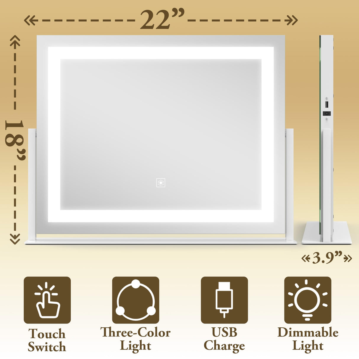 FENNIO Vanity Mirror with Lights 22''x18'' Makeup Mirror with Lights,Lighted Makeup Mirror with 10X Magnification and USB,Smart Touch Screen with 3-Color Lighting,Dimmable(Square White)