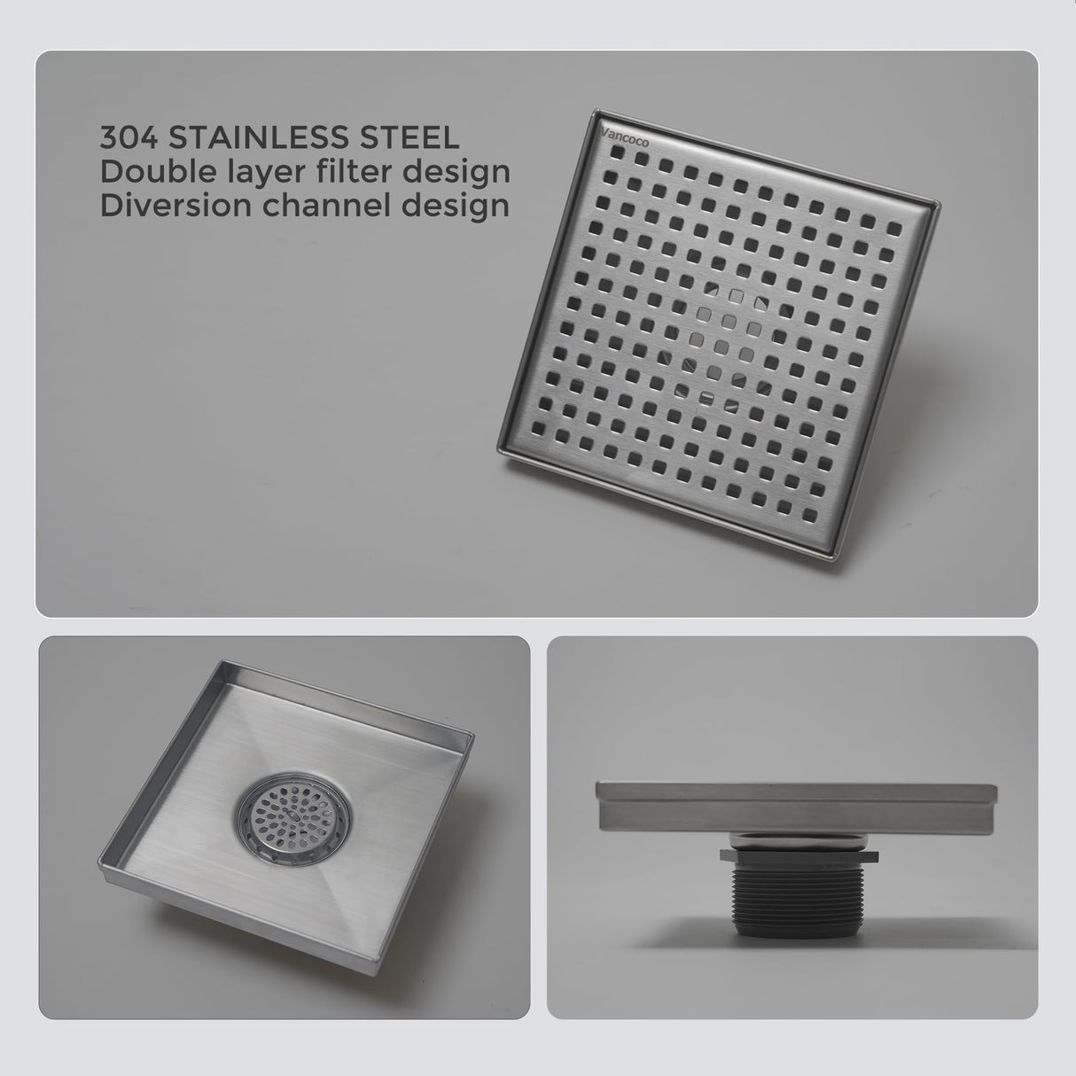 Square Floor Drain - Vancoco Bathroom Floor Drainer Anti-odor Anti-clogging Shower Floor Drain with Removable Straine(150 * 150mm)