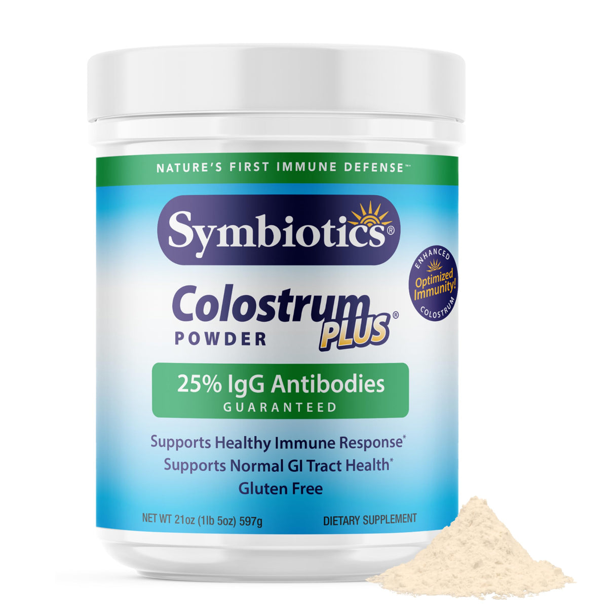 Symbiotics Colostrum Plus Powder 21 oz (597 g) - Immunity Support - Promotes Athletic Performance and Optimal Iron Levels - Immunoglobulin - 25% lgG Antibodies - Gluten Free