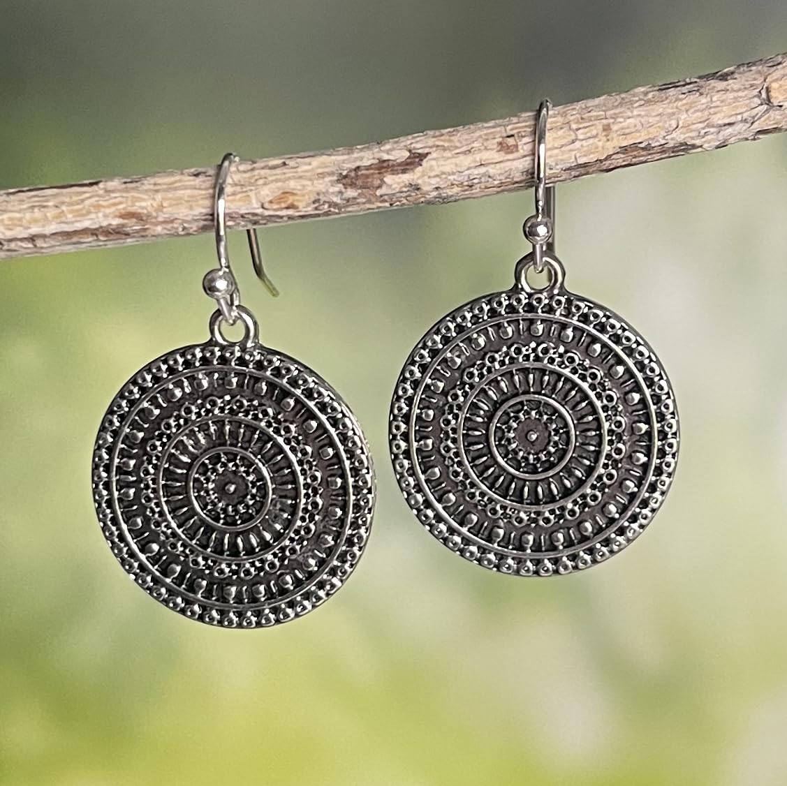 Boho Silver Medallion Drop Earrings for Women – Lightweight Hammered Disc Dangle Earrings with Tribal Mandala Design – Fashion Jewelry Gift for Free Spirits (Silver with Hook)