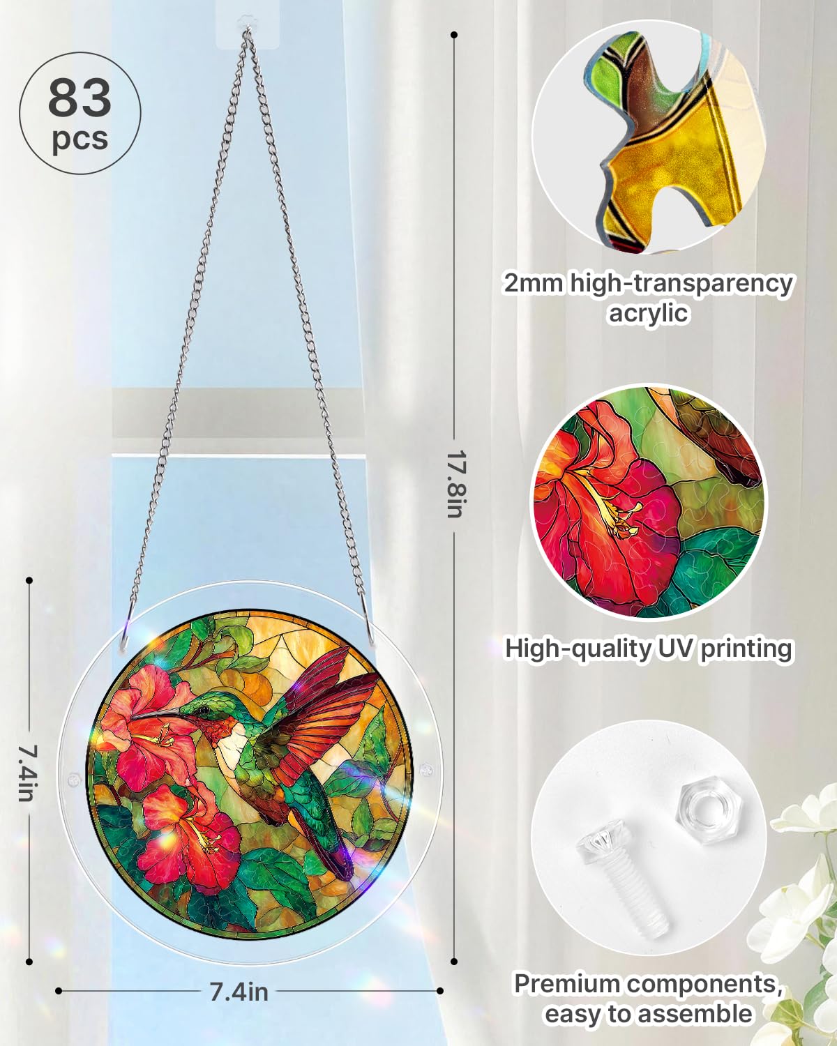 Acrylic Puzzle Suncatcher 83 Pieces, Emerald Flame Hummingbird Sun Catchers Puzzle, DIY SunCatchers Puzzles Window Hanging, Home & Garden Decor, Gifts for Family and Friends, 7.4 in