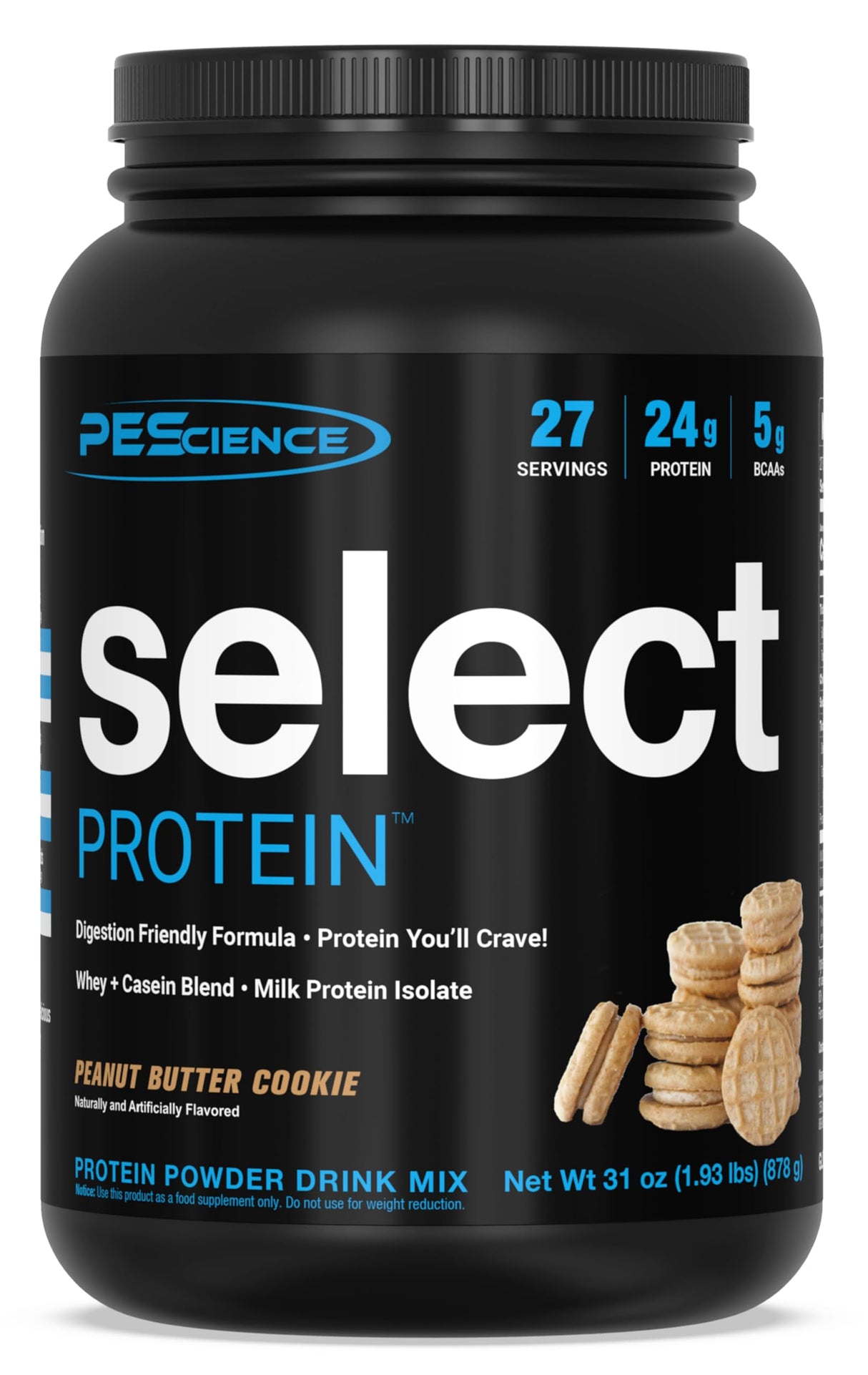 PEScience Select Protein Powder, Whey and Casein Blend, Clean Protein Powder for Women and Men, Low Calorie, Low Carb, Keto Friendly, Gluten Free, Peanut Butter Cookie, 27 Servings