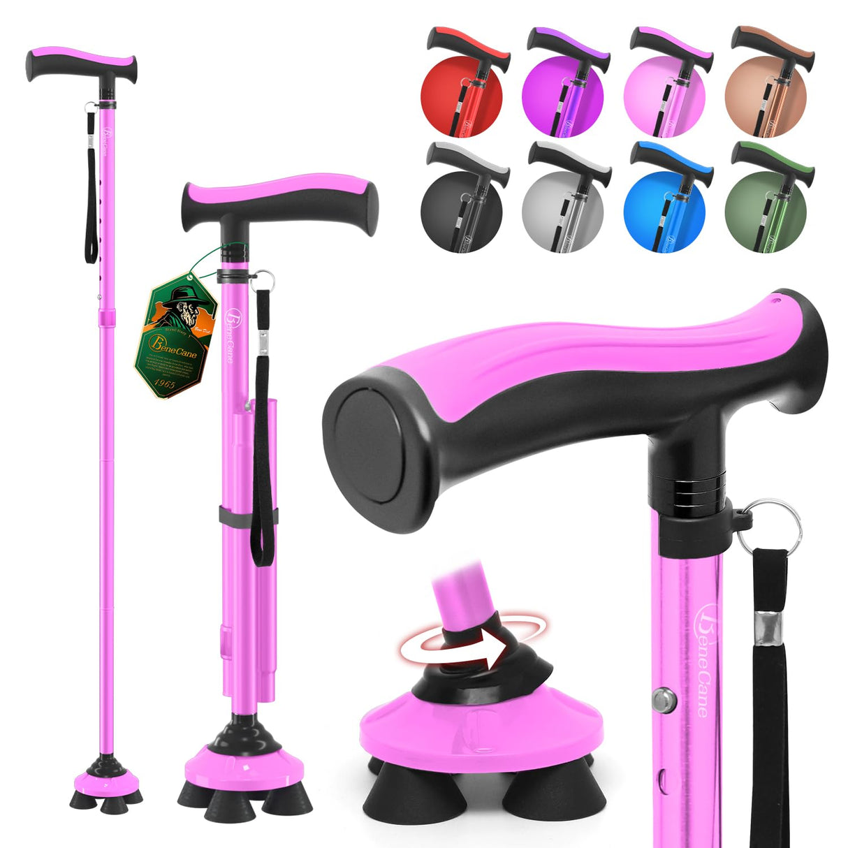 BeneCane Walking Cane for Men & Women Walking Stick for Seniors Folding Canes Quad Cane Adjustable Lightweight Sturdy Collapsible Heavy Duty with Soft TPR T-Handle and Travel Bag