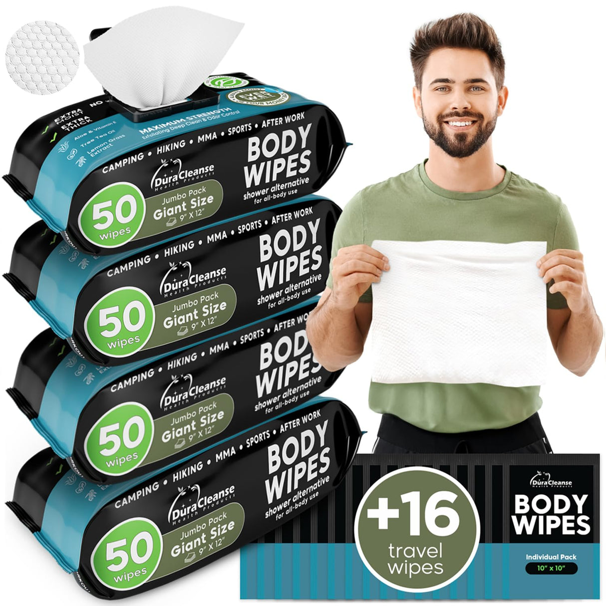 After Gym Body Wipes for Men (4pk) - 200 XL No Rinse Shower Wipes + 16 Travel Bath Sheets - 9"x12" - Mens Deodorant Disposable Washcloths for Bathing, Camping Essentials, Survival Gear and Supplies