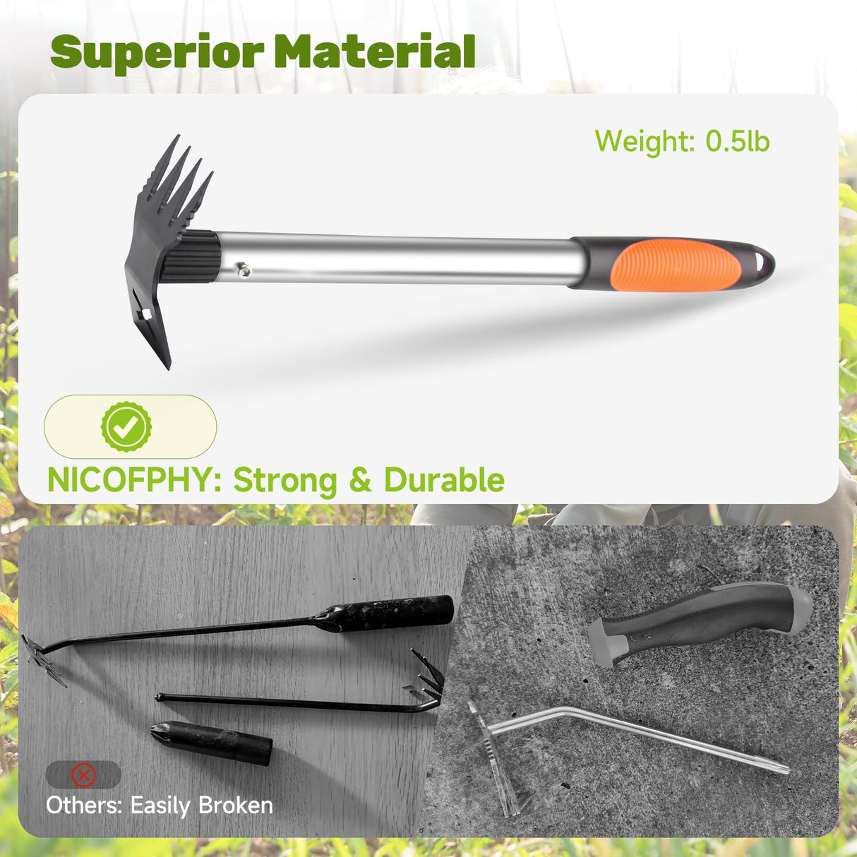 2 in 1 Manual Weeding Rake and Garden Hoe for Yard Lawn Patio Garden