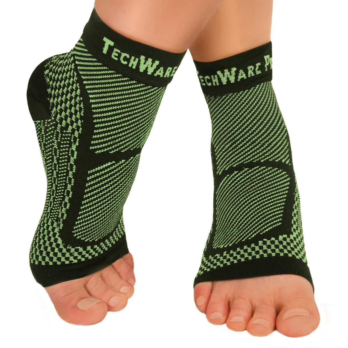 TechWare Pro Ankle Brace Compression Sleeve - Relieves Achilles Tendonitis, Joint Pain. Plantar Fasciitis Foot Sock with Arch Support Reduces Swelling & Heel Spur Pain. (Black/Green, L/XL)