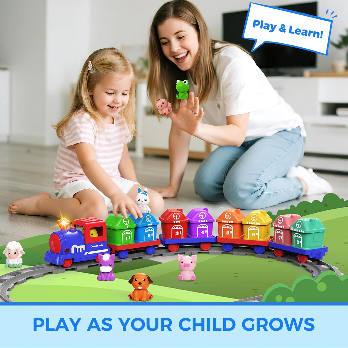 Train Set Toddler Learning Toys for 1 2 3 4 Year Old Boy Girl - Montessori Electric Train Set with Counting Matching & Sorting Activity with Farm Animals, Finger Puppets, Christmas Birthday Gift 2-4