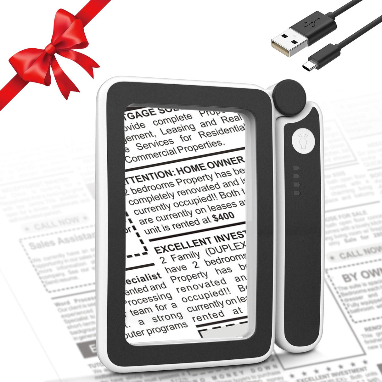 MoKo Magnifying Glass for Reading, Rechargeable 4X Full Page Book Magnifier, Magnifying Glass with Light 3 Modes, Folding Handheld Reading Magnifiers for Seniors Elderly Low Visions,Black