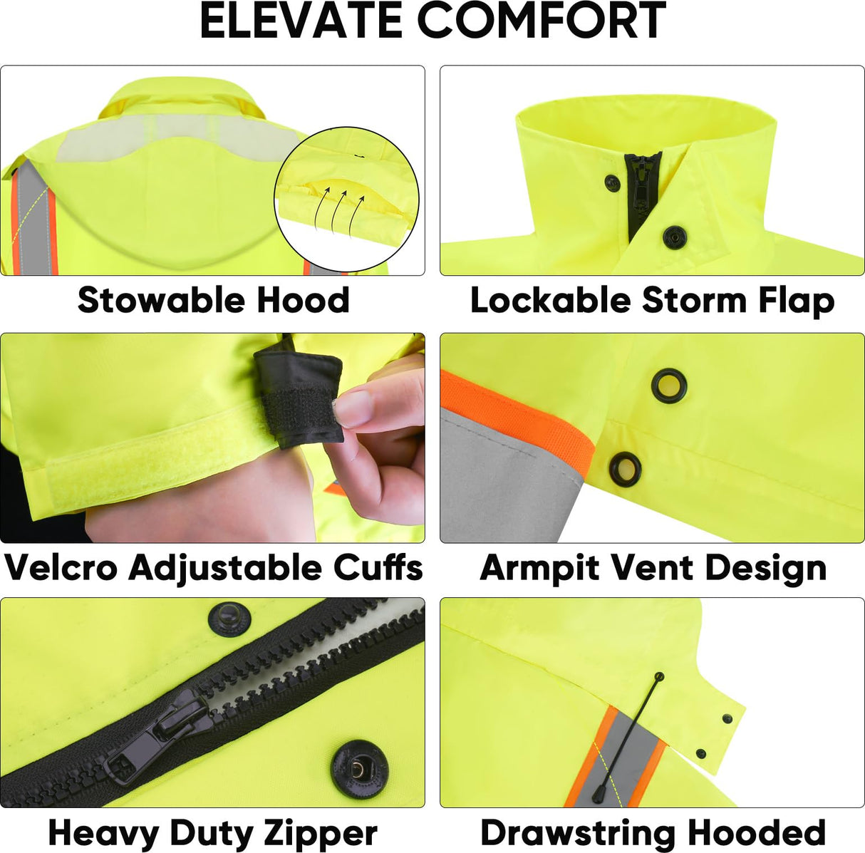 TICONN Reflective Rain Coat, Waterproof Hi Vis Safety Rain Jacket, Heavy Duty ANSI Class 3 High Visibility Trench Coat (L)