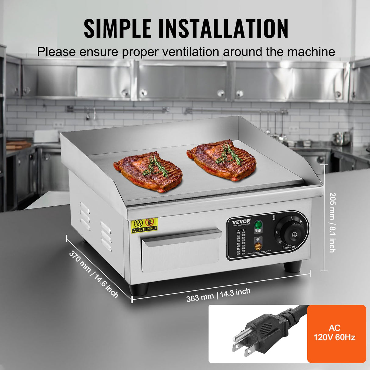 VEVOR Commercial Electric Griddle, 1700W Countertop Flat Top Grill, 14in Stainless Steel Griddle Grill with 2 Shovels and 2 Brushes for Home or Restaurant, 122℉-572 ℉ Adjustable Temp