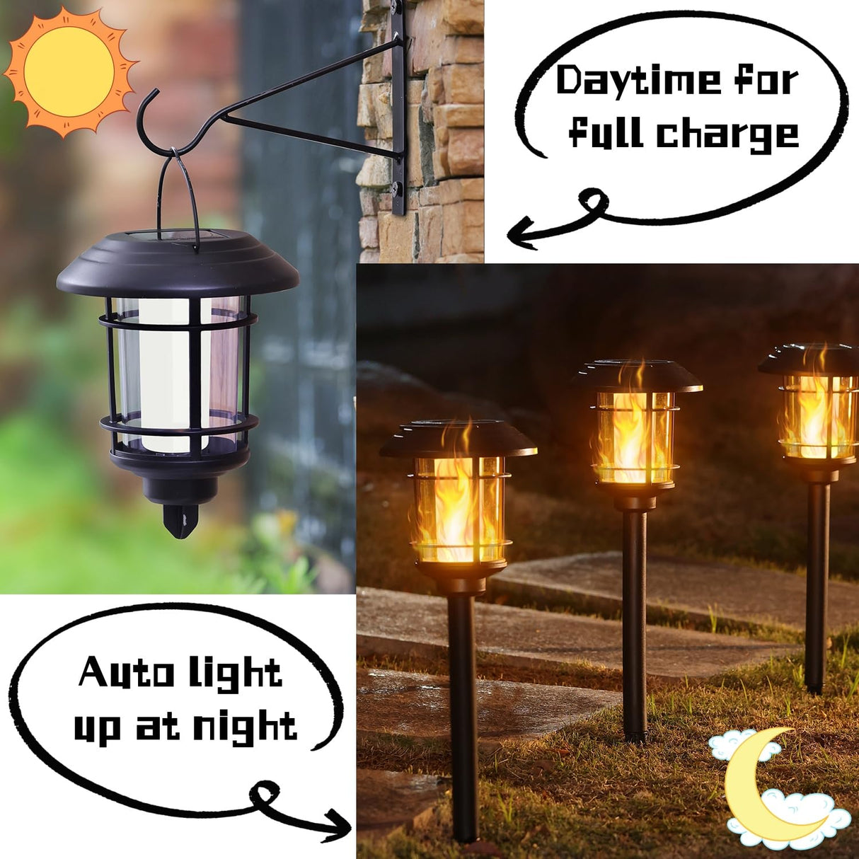 Dynaming 6 Pack Solar Flame Torch Lights Outdoor, Halloween Dual Use Flickering Flame Garden Light, Christmas Hanging Lanterns, Auto On/Off & Waterproof Lighting for Lawn Patio Yard Walkway Driveway