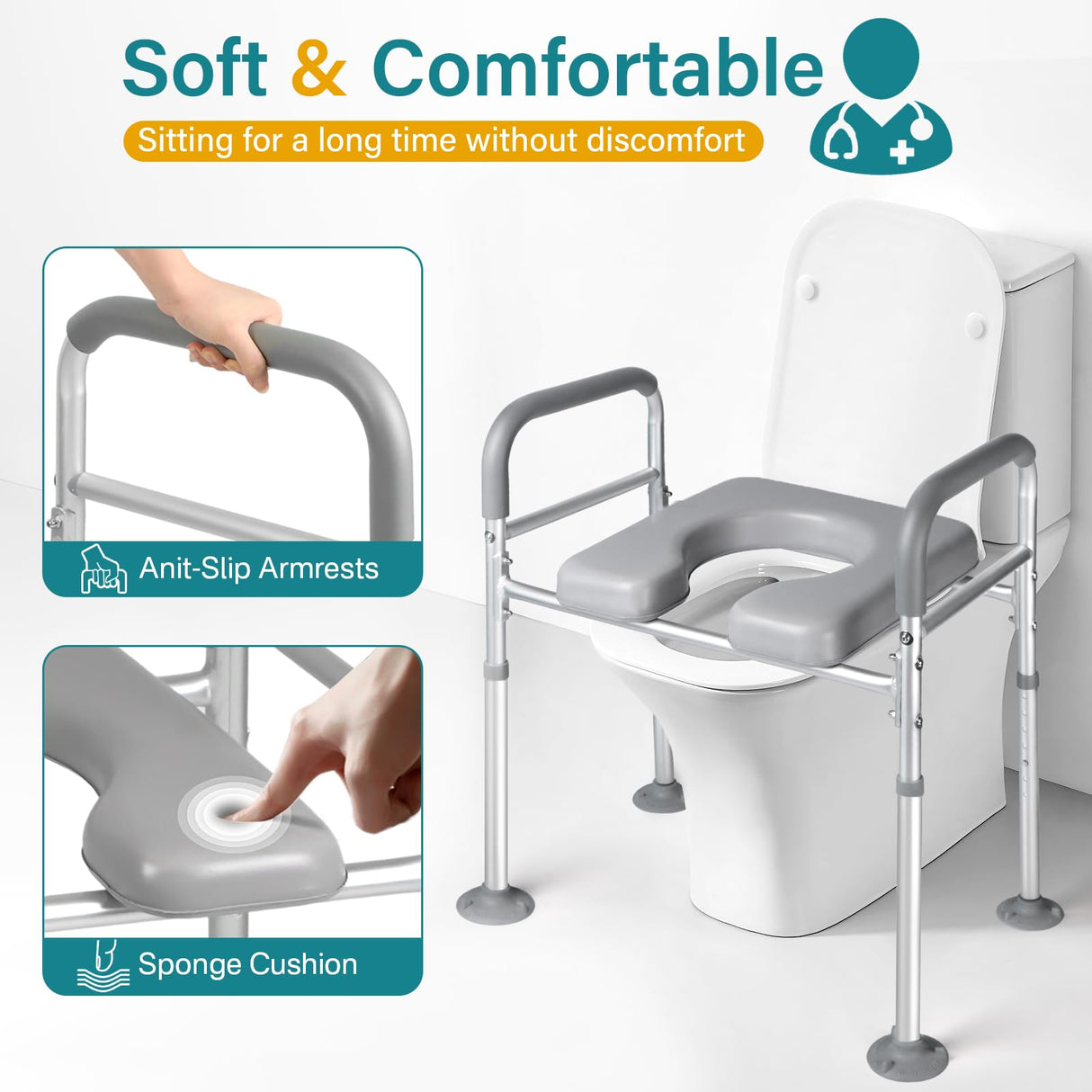Eosprim Toilet Seat Risers for Seniors Elongated, Raised Toilet Seat with Handles, Toilet Safety Frames & Rails for Elderly and Handicap, Elevated Shower Commode Chair with Arms, Toilet Lift Grab Bar