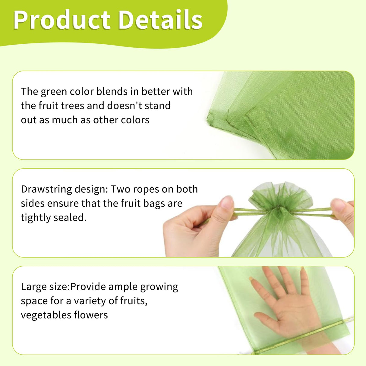 YHJZ 100PCS Fruit Protection Bags, 8x12 Inch Green Fruit Netting Cover Bags Drawstring Mesh Fruit Protectors Pest Barrier for Plant Fruit Flower Veggies Garden