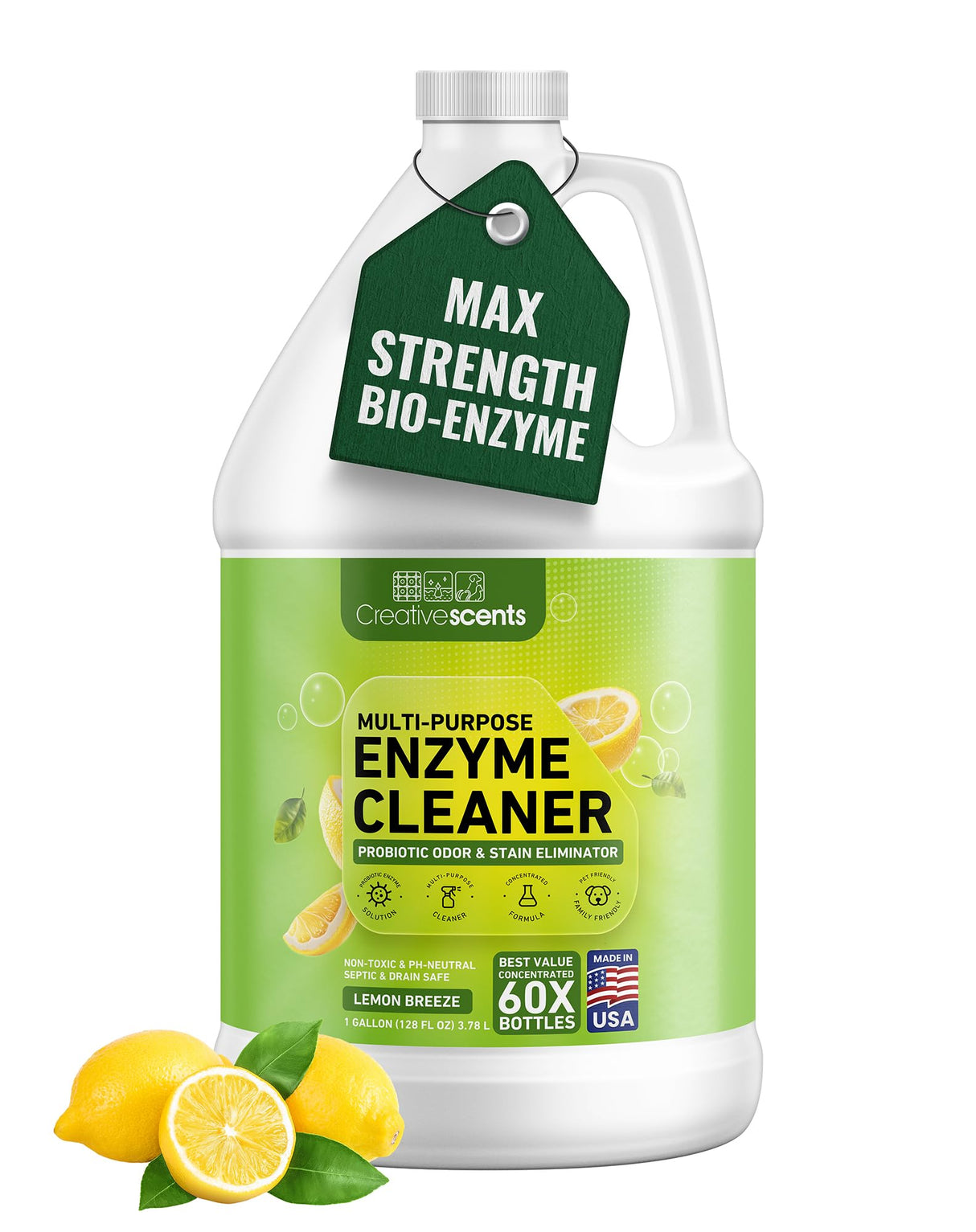 Creative Scents Multipurpose Enzyme Cleaner & Odor Remover | Super Concentrated for Floor, Carpet | Pet Urine Odor Eliminator | Enzymatic Cleaner for Cat Urine & Dog Poop | 1 Gallon - Lemon Breeze