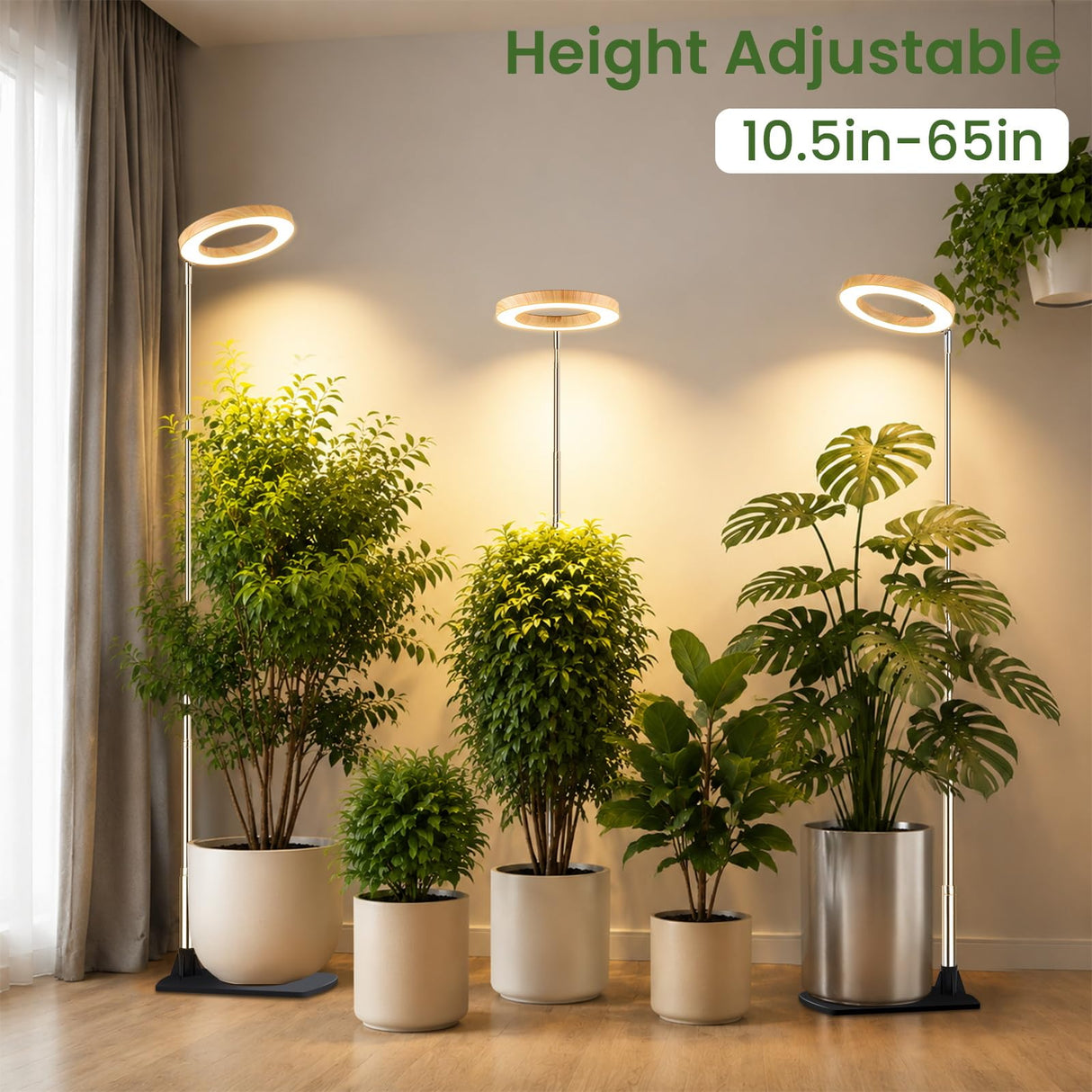 LBW Grow Lights for Indoor Plants, 6.3" Full Spectrum Plant Light with Base, 65" Height Adjustable Grow Lamp, 6/8/12/16H Auto Timer, 3 Colors, 5 Dimmable Levels, for Tall Large Plants, Bamboo Grain