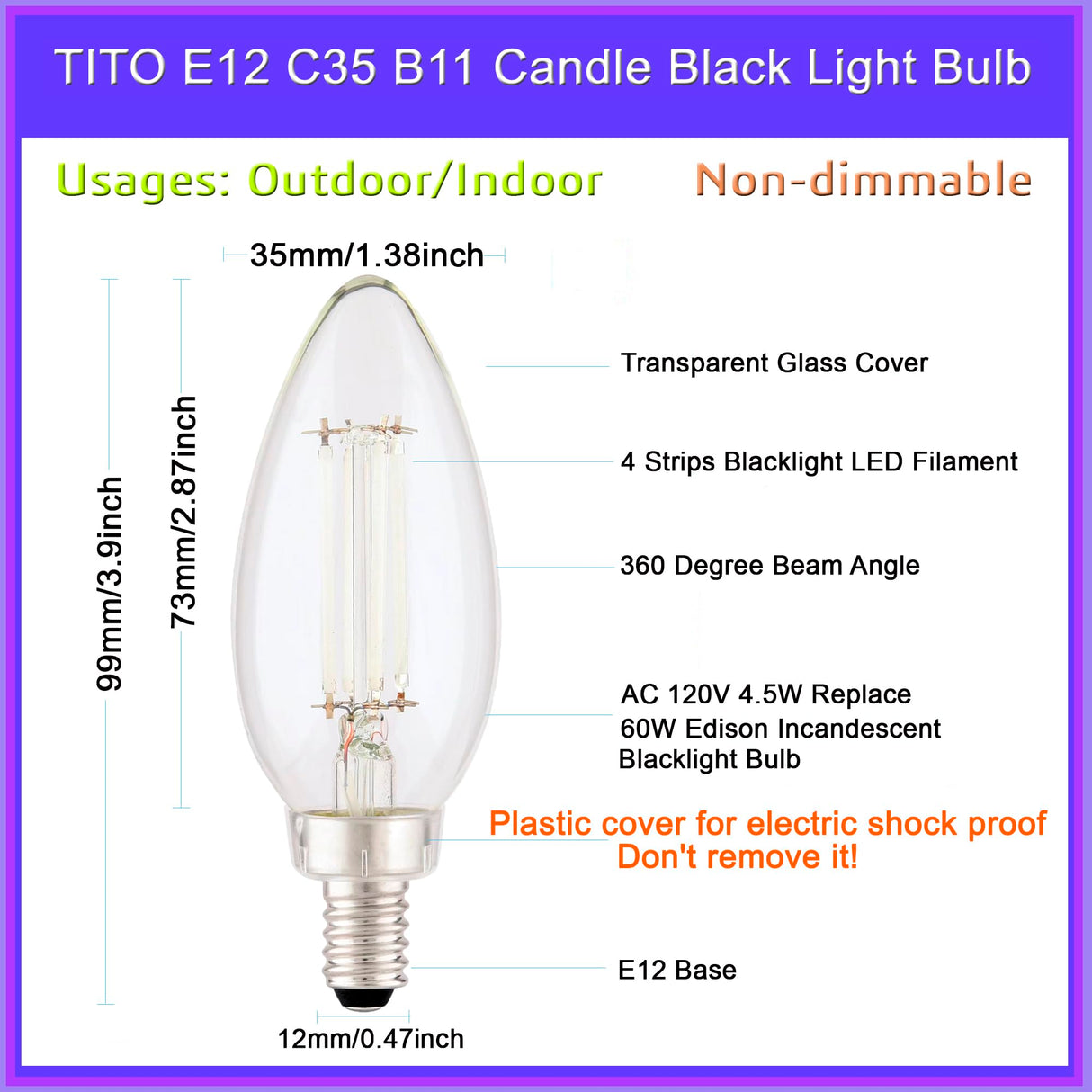 TITO 6 Pack E12 B11 Filament LED Candle Black Light Bulbs, UVA 395nm 4.5W Candelabra Black Light Bulb, 60W Blacklight Bulb Equivalent, Glow in Dark Halloween Christmas Party Fluorescent Posters Decor