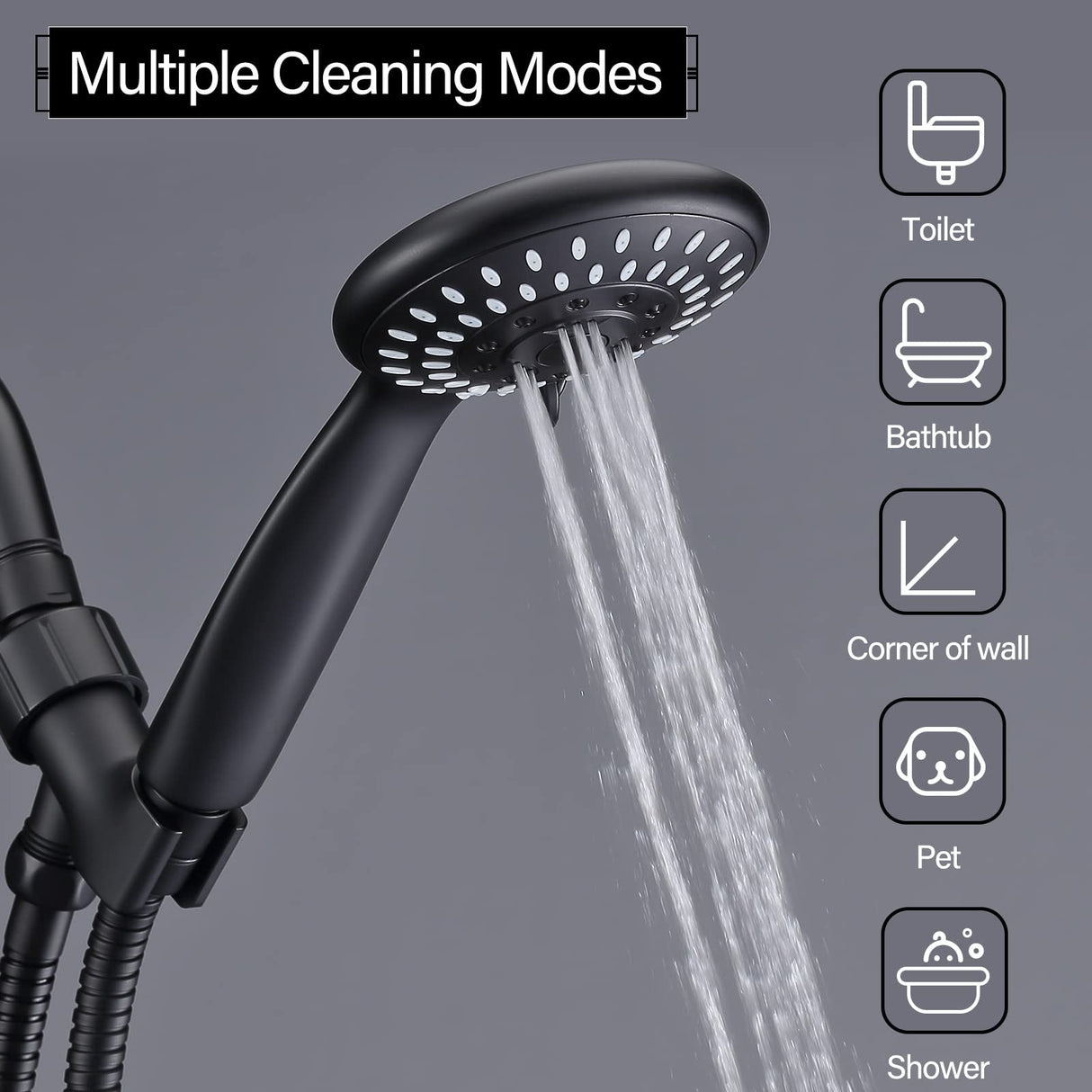 Shower Head with Handheld, Briout 5-Settings Showerhead High Pressure Powerful Water Spray Shower Head with Stainless Steel Hose and Adjustable Mount, Matte Black