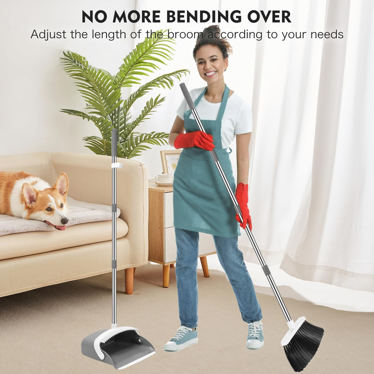 NACENA Broom and Dustpan Set, 55-in Long Adjustable Handle Broom Dustpan Combo with Dustpan Teeth to Automatically Clean Hair Suitable for Home Kitchen Office Hall Floor, Large(Grey&White)