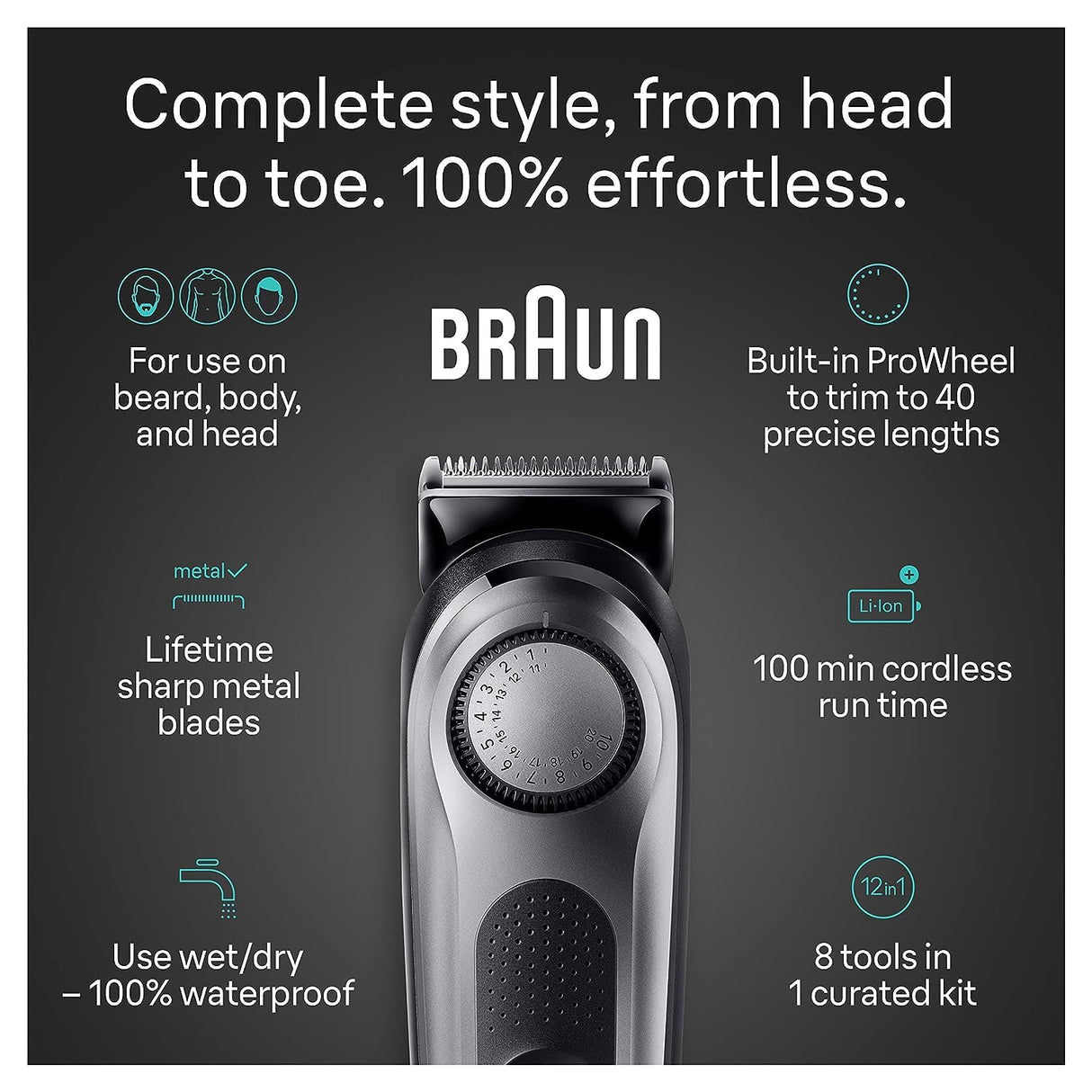 Braun All-in-One Style Kit Series 7 7410, 8-in-1 Trimmer for Men with Beard Trimmer, Body Trimmer for Manscaping, Hair Clippers & More, Sharpest Blade, 40 Length Settings, Waterproof