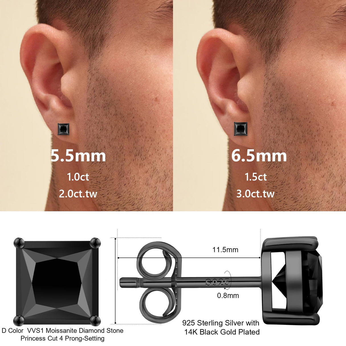 KRKC Black Moissanite Stud Earrings for Men, Sterling Silver, Princess Cut