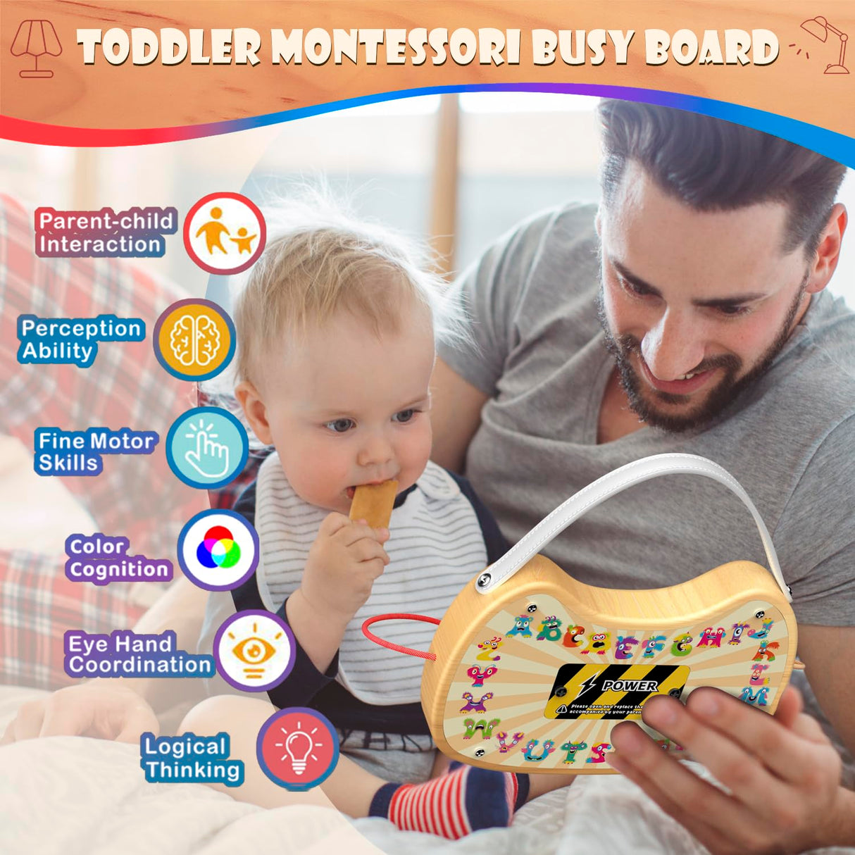 UdoUto Montessori Wooden Busy Board for Toddlers with LED Light Lights & Switches,Portable Activity Board for Car & Airplane Travel Toys, Christmas & Birthday Gift for 1-3 Year Old Boys & Girls