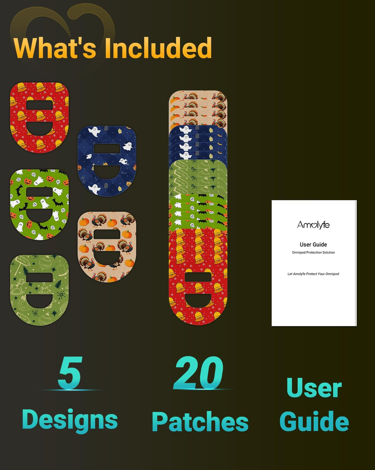 Omnipod 5 Adhesive Patches Waterproof, Amolyfe 20 Pack Omnipod Overpatches with Stretchable Strap, Breathable, Long-Lasting Medical Adhesive, Premium Hinged Tin (Christmas)