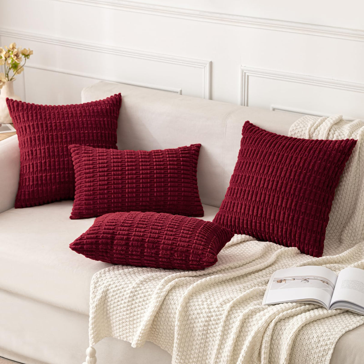 MIULEE Pack of 2 Christmas Burgundy Corduroy Decorative Pillow Covers 20x20 Inch Soft Boho Striped Throw Pillow Covers Modern Farmhouse Home Decor for Sofa Living Room Couch Bed