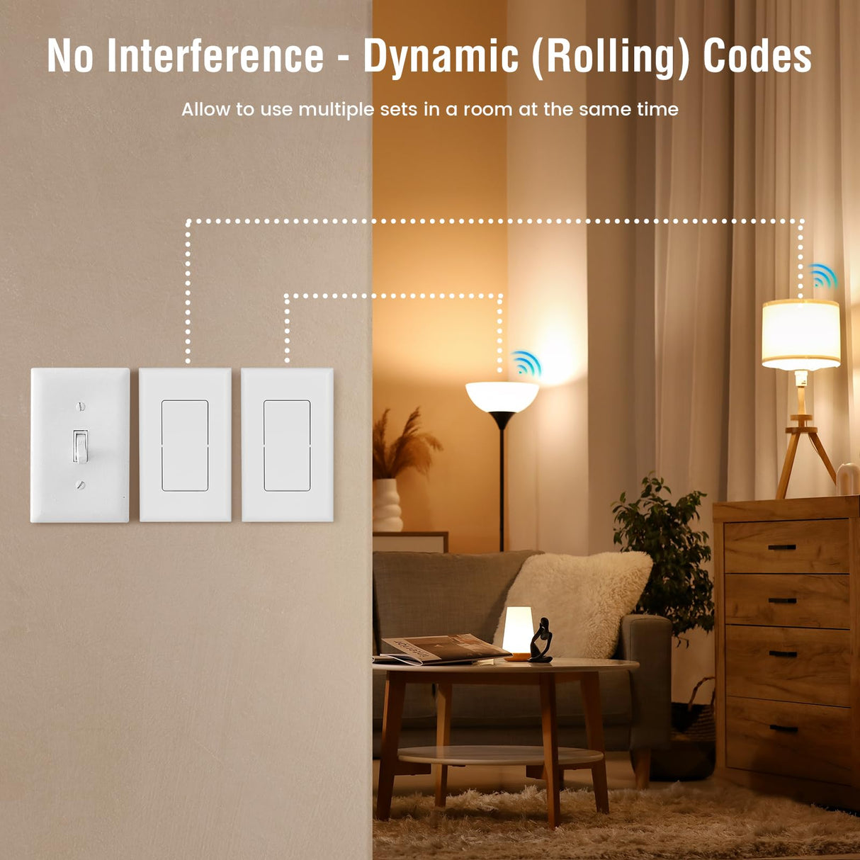 SURAIELEC Wireless Wall Switch Remote Control Outlet, No Wiring, 100ft RF Range, Pre-Programmed, Expandable Wireless Light Switches for Plug in Pendant Light, Lamp (2 Wall Switches and 1 Receiver)
