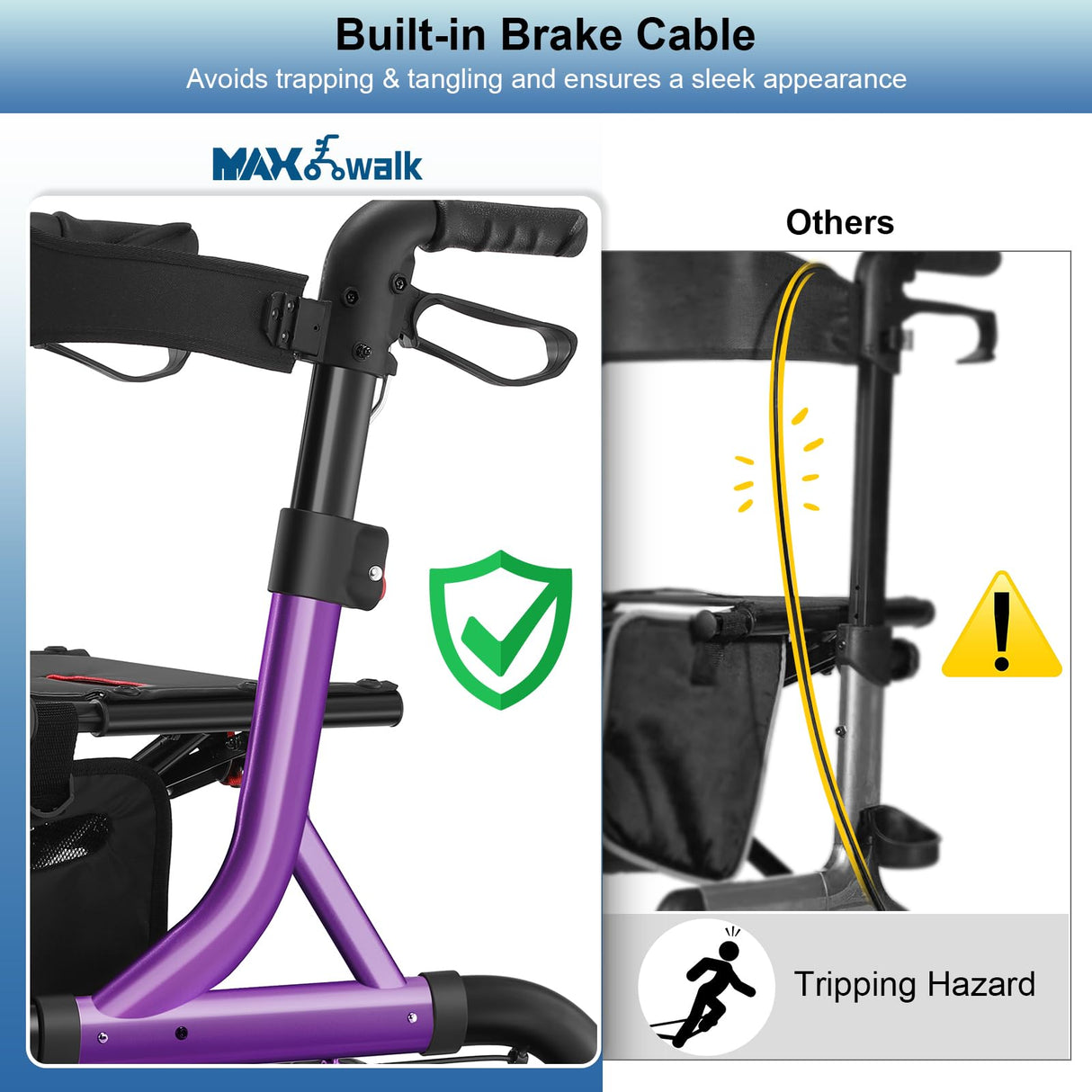 MAXWALK Walkers for Seniors, Rollator Walker with Seat, 12" Big Rubber Wheels All Terrain Rollator Walker with Backrest, Built-in Cable, Cup Holder, Foldable and Height Adjustment for Seniors, Purple