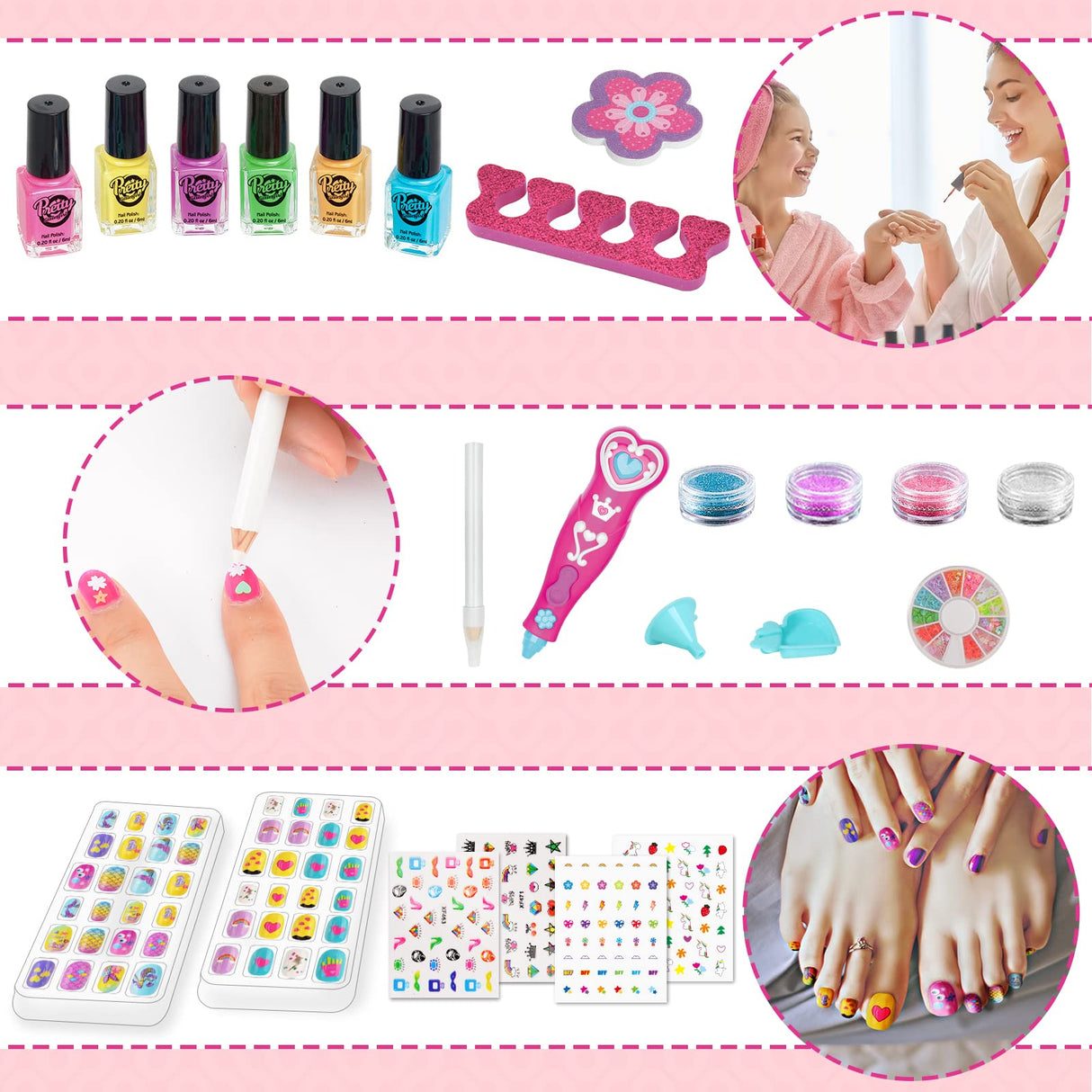 BATTOP Kids Nail Polish Set for Girls, Nail Art Kits with Nail Dryer & Glitter Pen, Quick Dry & Peel Off & Non-Toxic Nail Polish, Christmas Birthday Gifts for Girls Ages 6 7 8 9 10 11 12
