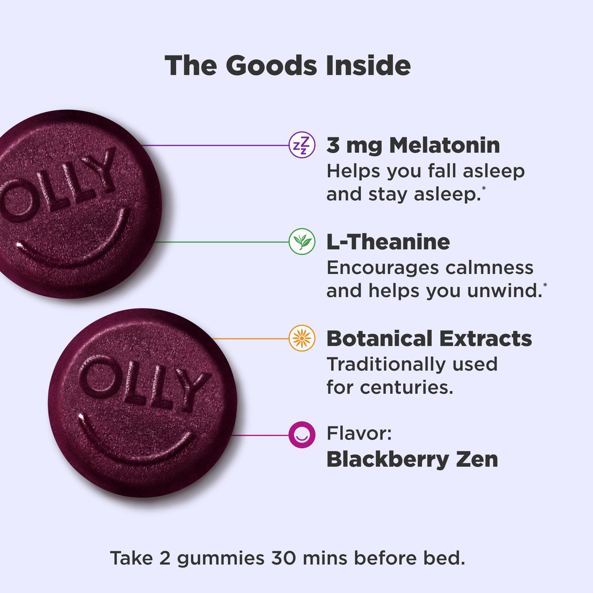 Olly Sleep Gummy, 3mg Melatonin, L-Theanine, Chamomile, Lemon Balm, Sleep Aid, BlackBerry, 90 Count